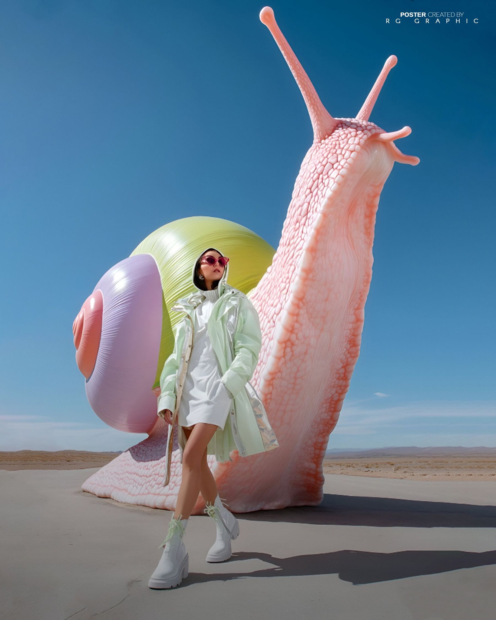 Futuristic Desert Walk with Giant Pastel Snail