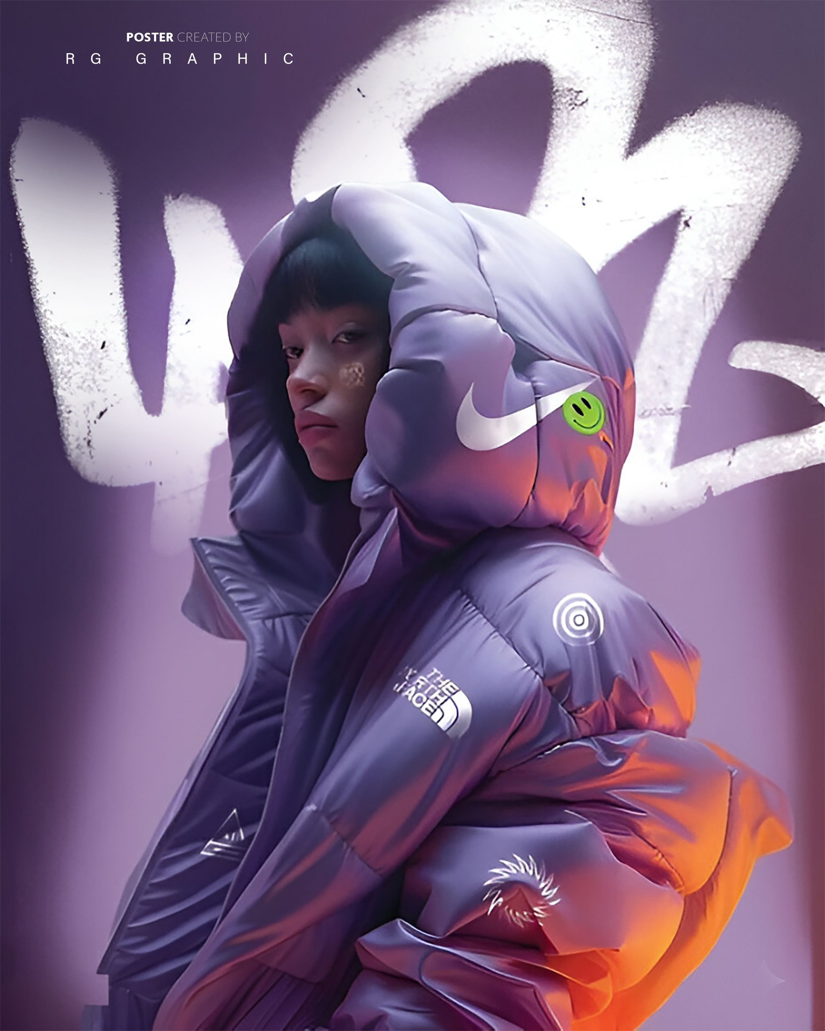 Cyberpunk Violet Puffer Streetwear Fashion Editorial