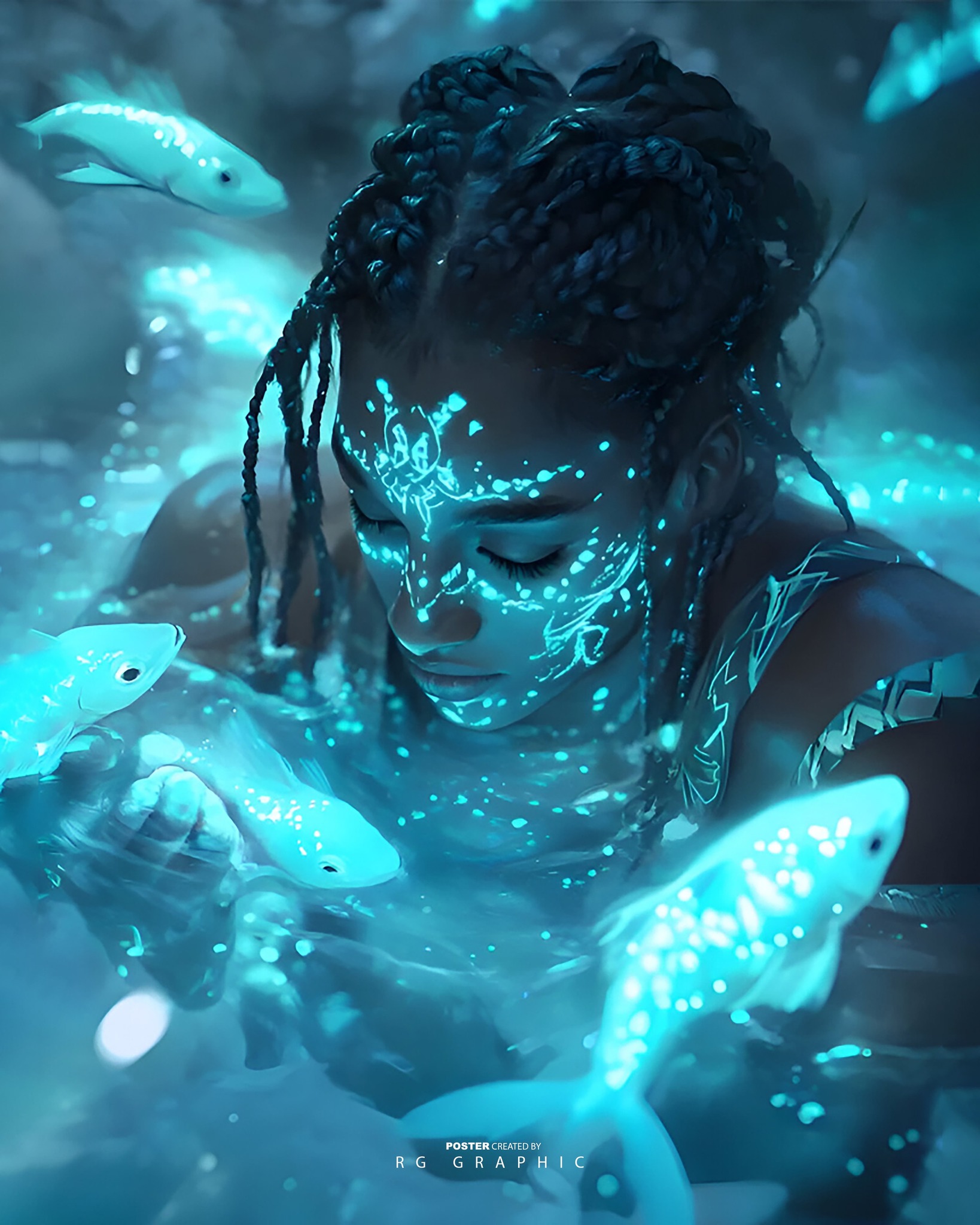 Bioluminescent Serenity in the Deep Cyan Abyss