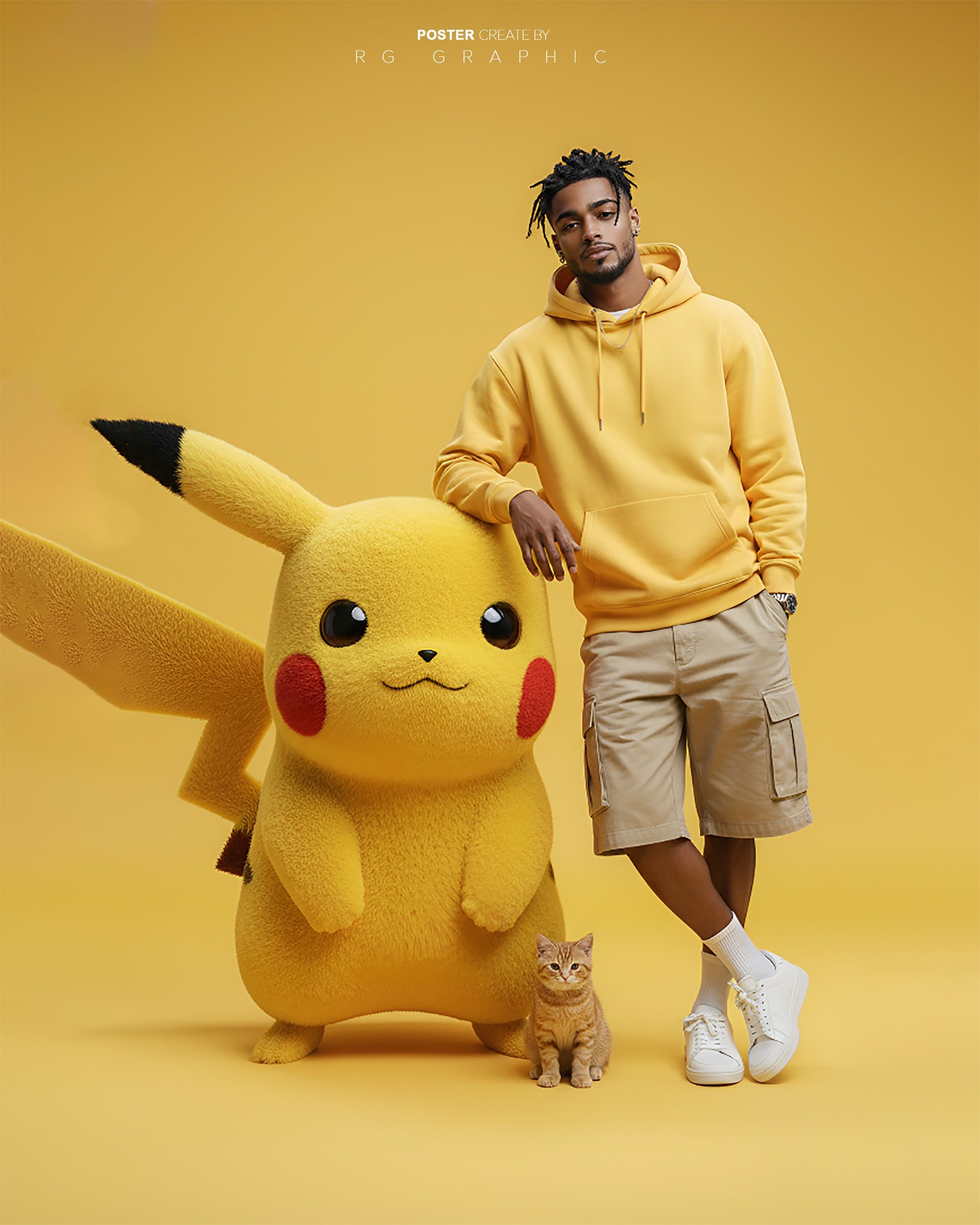 Vibrant Yellow Studio with Pikachu and Kitten
