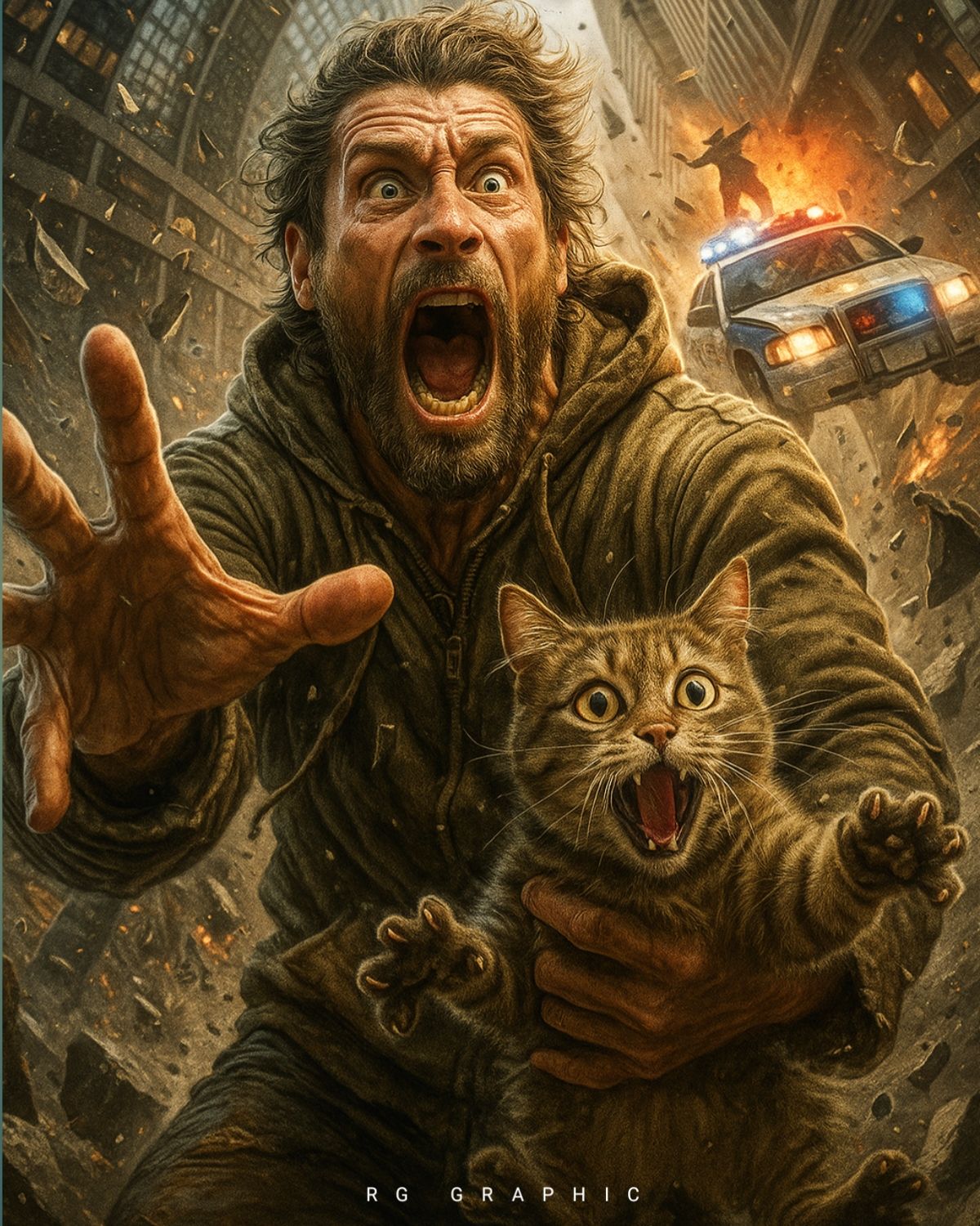 Urban Collapse: Man and Frightened Cat Mid-Air