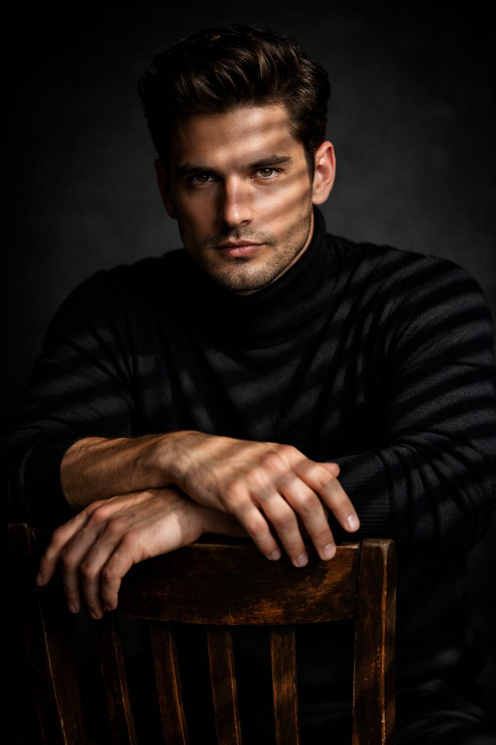 Noir Shadows in Black Turtleneck
