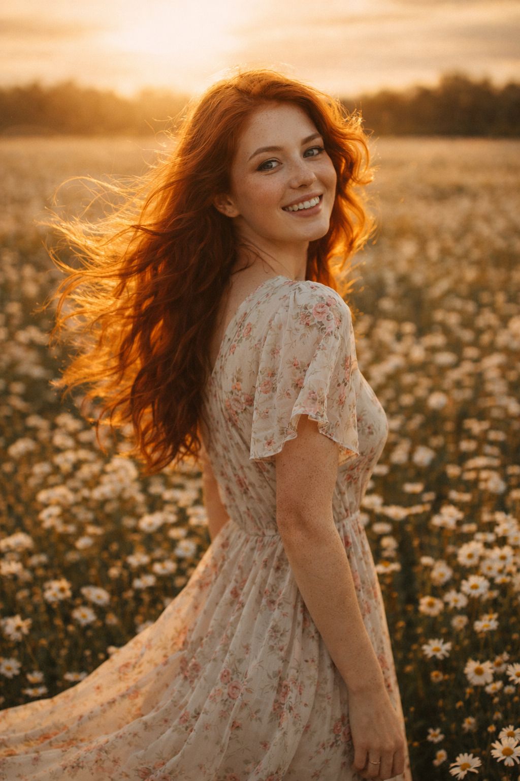 Golden Hour Smile in a Daisy Meadow