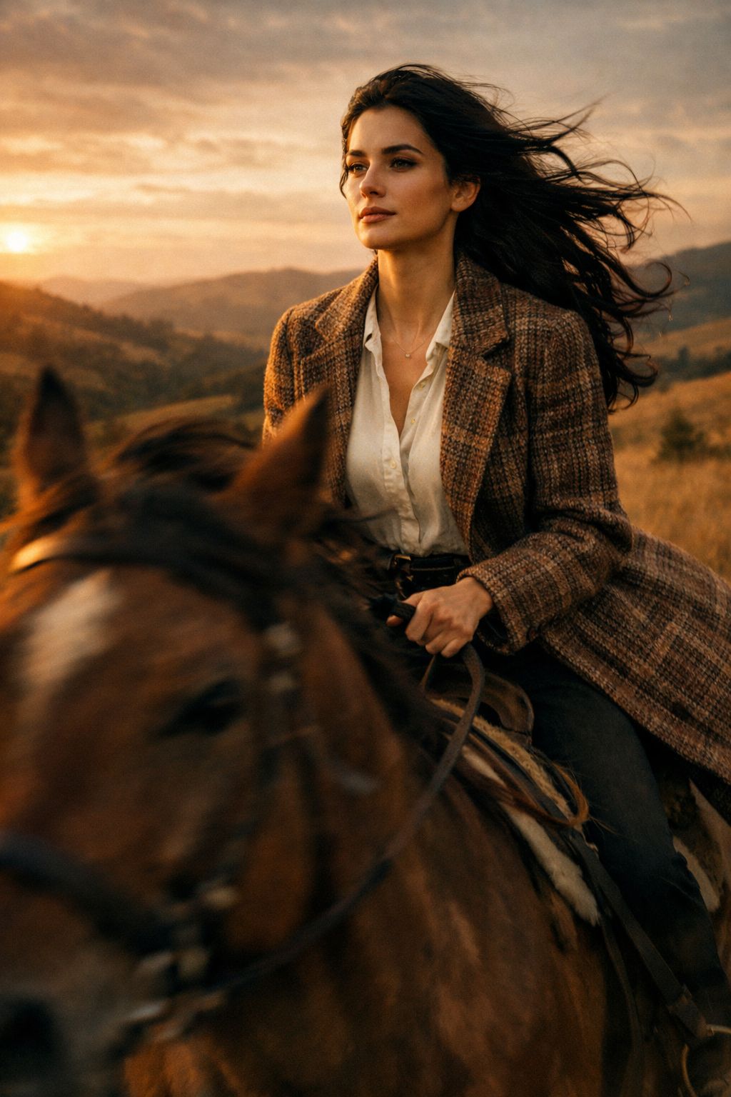 Golden Hour Equestrian Elegance on the Open Hills