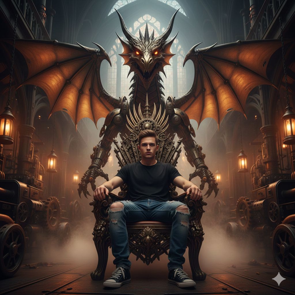 Mechanical Dragon King in Industrial Gothic Hall