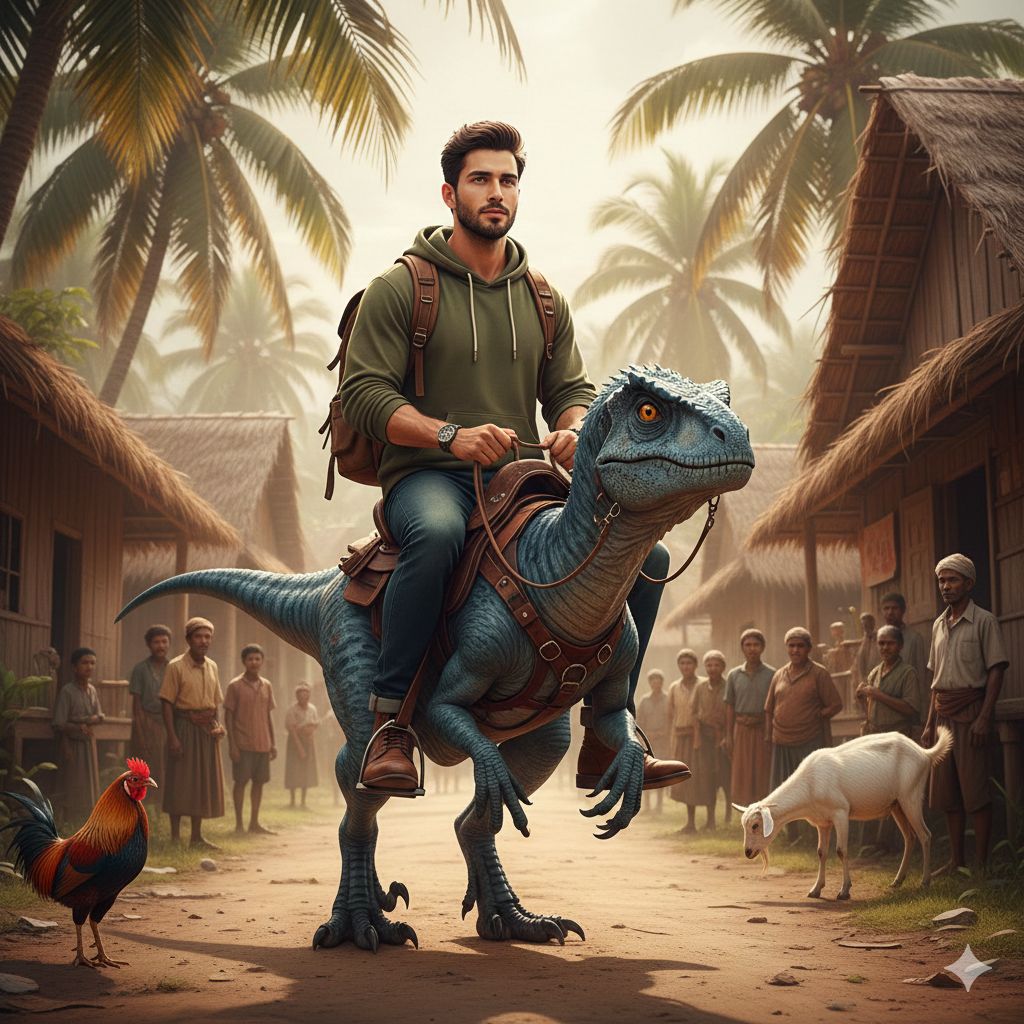 Modern Traveler Riding a Blue Raptor in Paradise