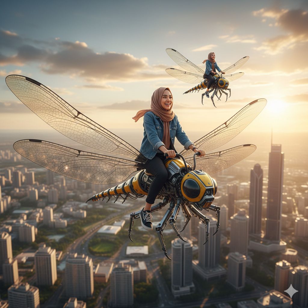 Golden Hour Mechanical Dragonfly Flight