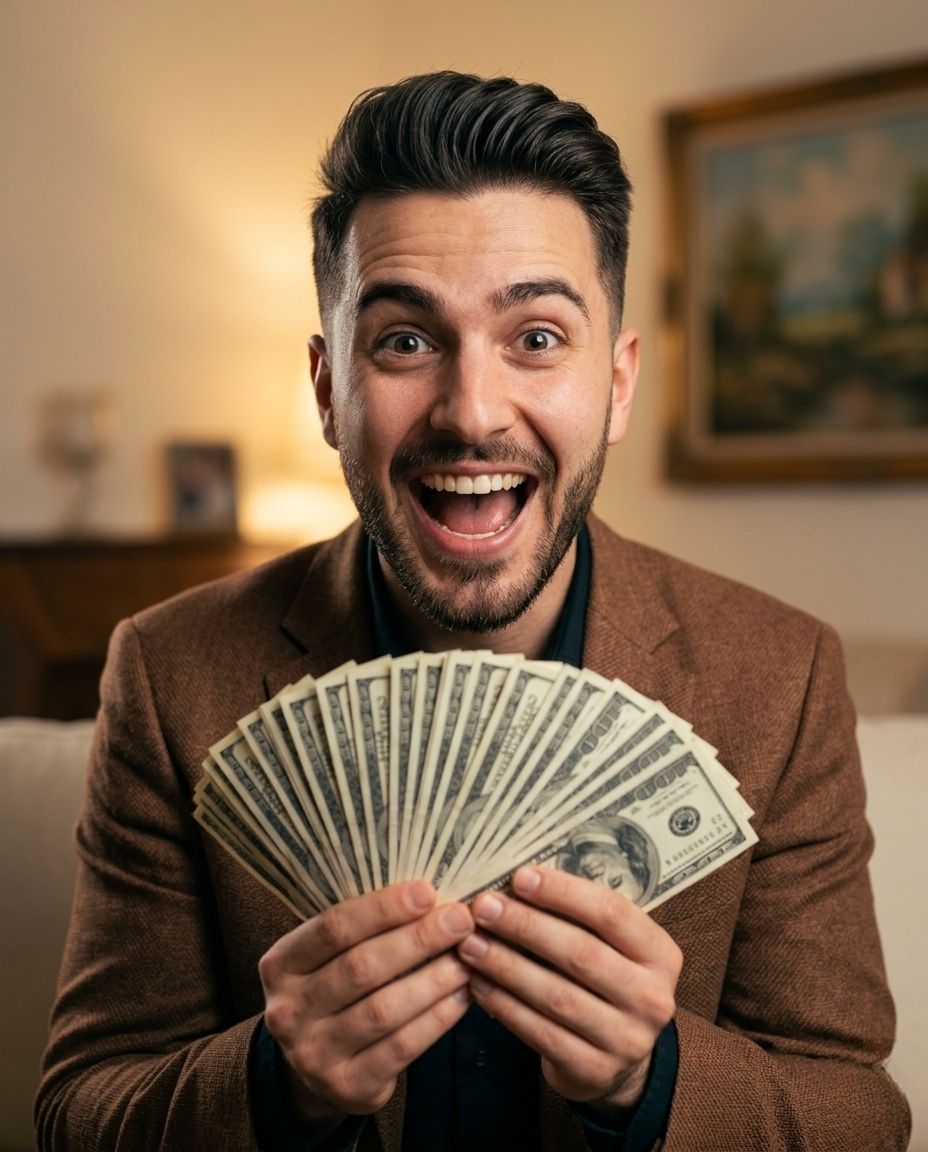 Man Expressing Pure Joy with Fan of Cash