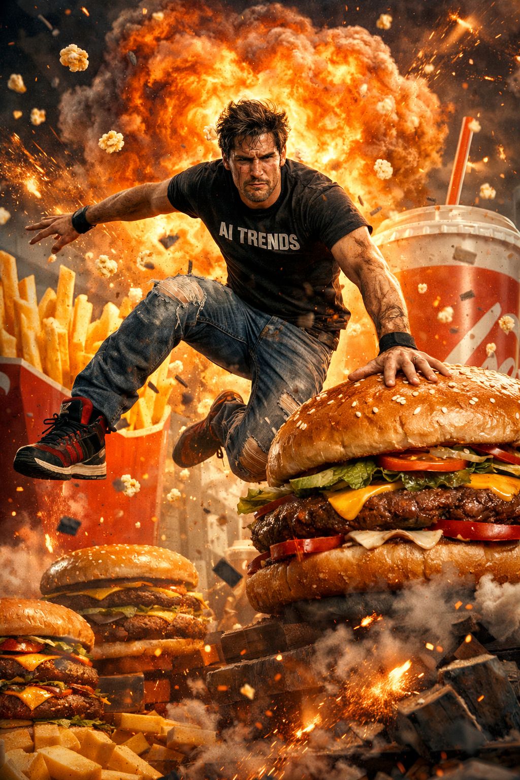 Blockbuster Leap Through Fast Food Chaos