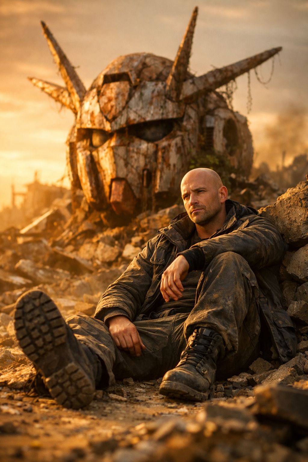 Survivor Resting by the Relic of War