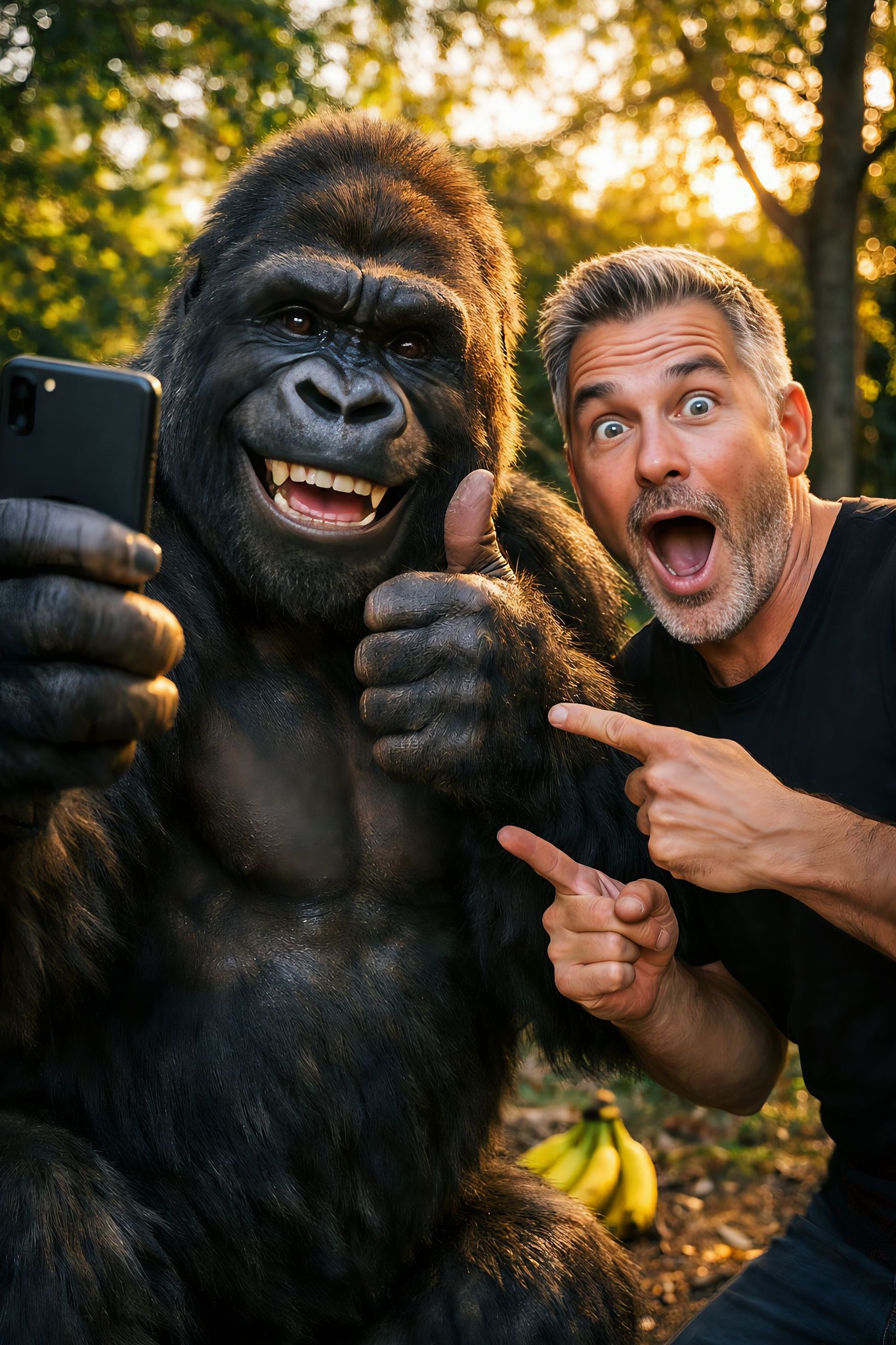 Man and Gorilla Sunset Selfie Surprise