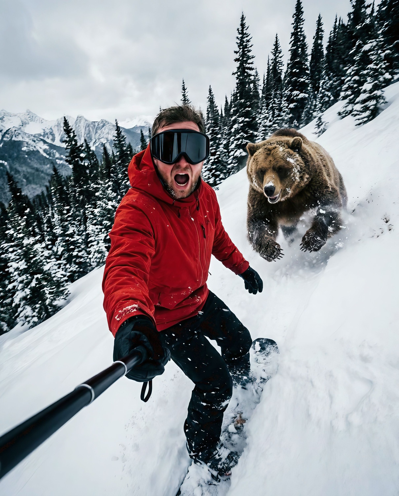 Avalanche Thrill: Man Outrunning a Charging Bear