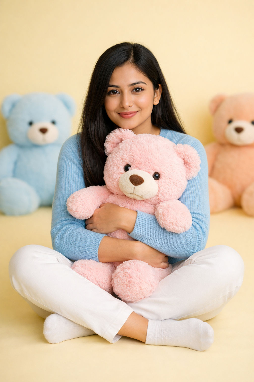 Soft Pastel Studio Portrait with Teddy Bear