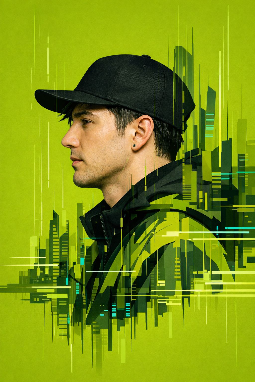 Cybernetic Urban Collage in Olive and Cyan