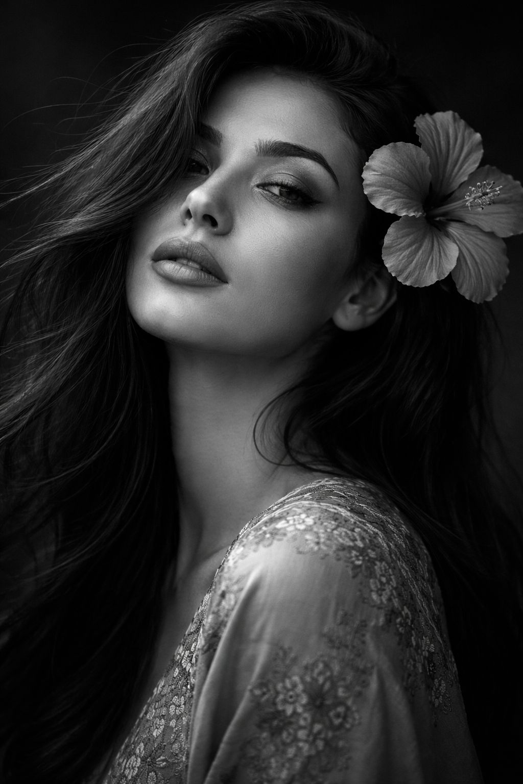 Cinematic Hibiscus Monochrome Portrait