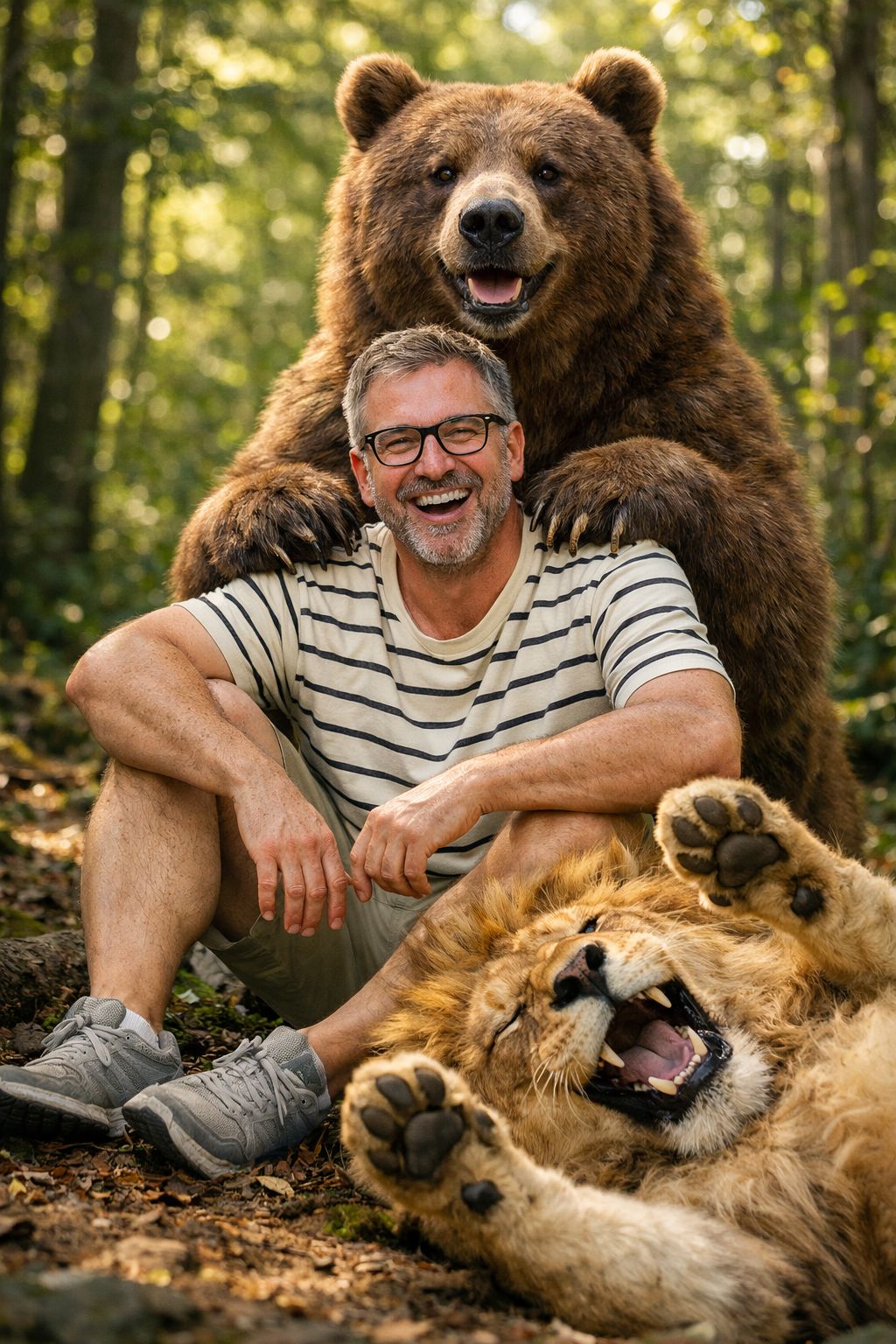 Man and Wild Friends Laughing in Sunlight