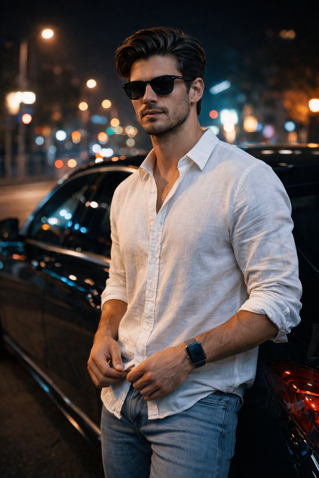 Midnight Urban Elegance Beside Luxury Sedan