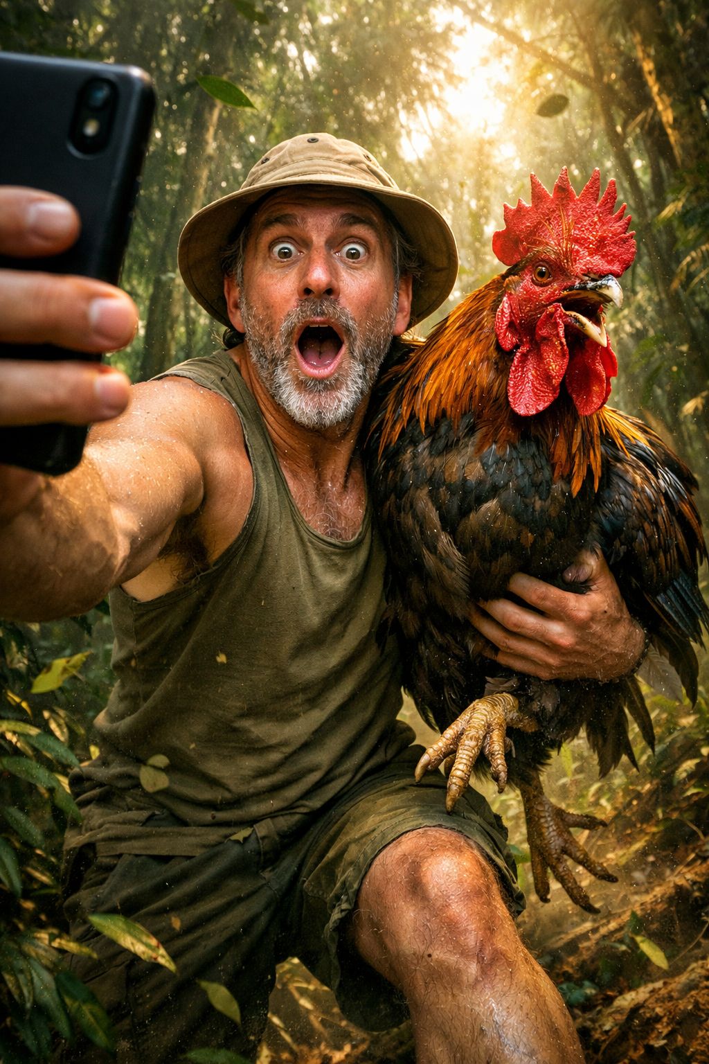 Shocked Safari Explorer with Giant Jungle Rooster