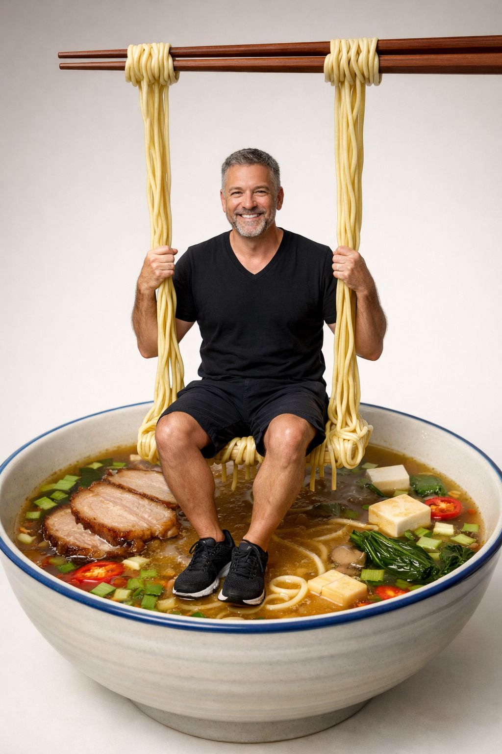 Man Swings into Giant Ramen Bowl