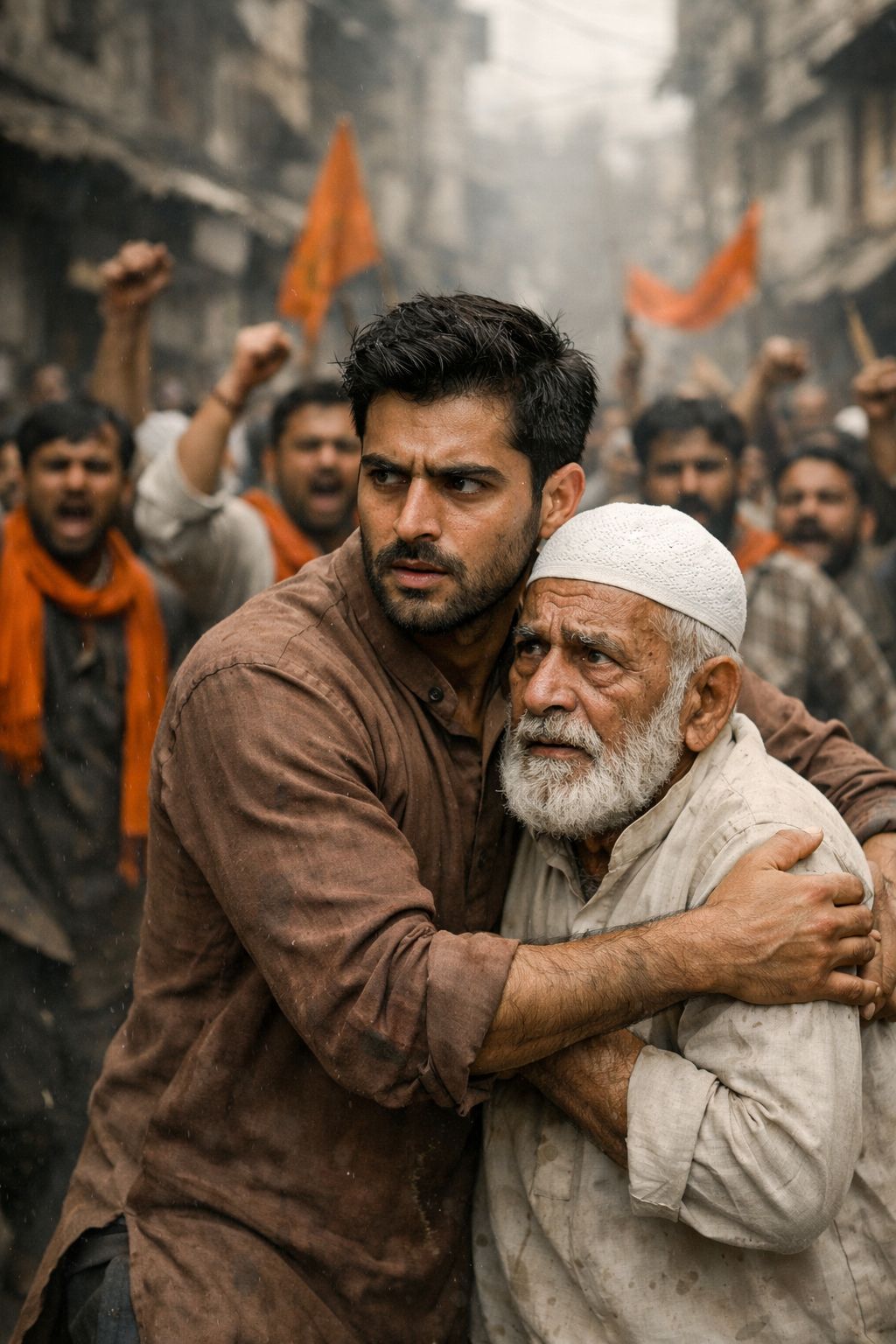 Protective Embrace Amidst Street Chaos