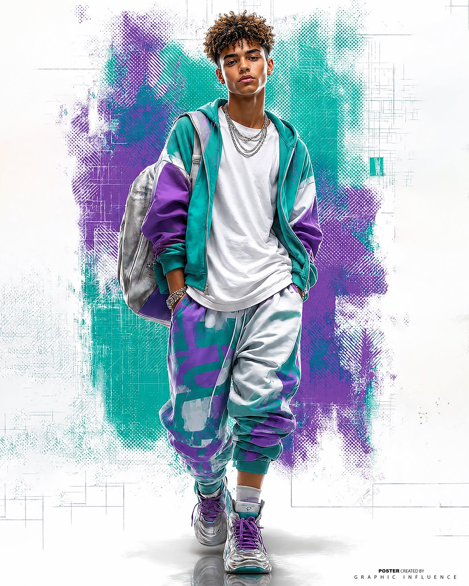 Cyberpunk Streetwear Edge: Teal and Purple Editorial
