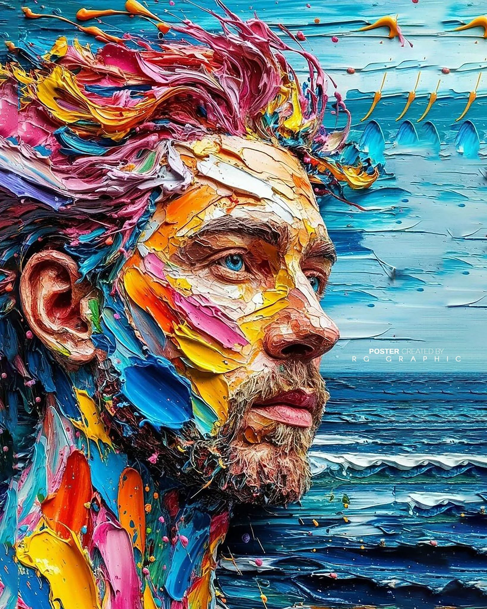 Vivid Palette Impasto Portrait in Blue Waves