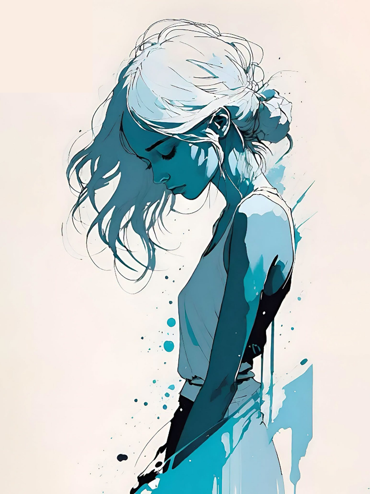 Icy Blue Melancholy Watercolor Woman