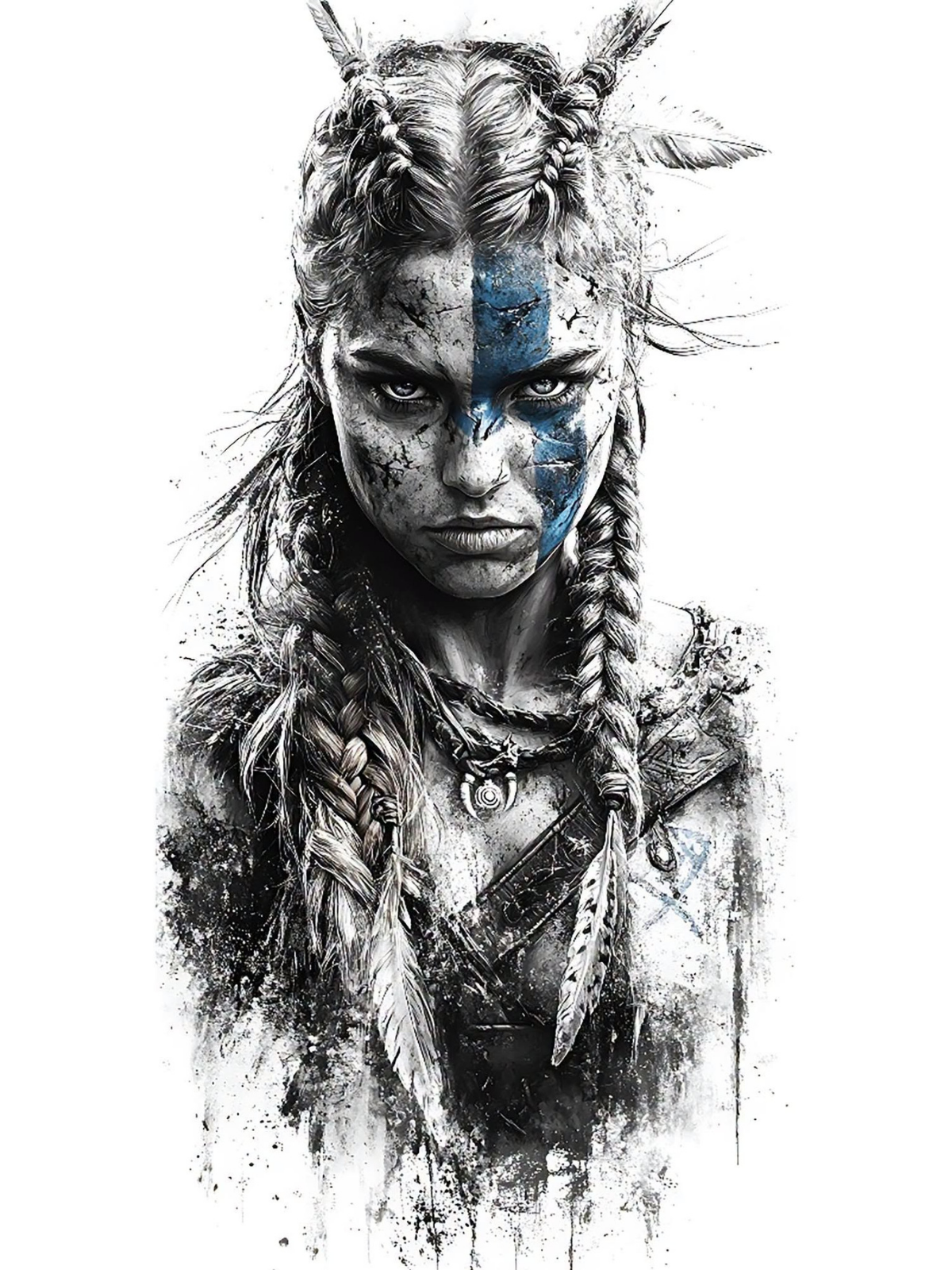Fierce Tribal Warrior Portrait: Blue Ink Splatter