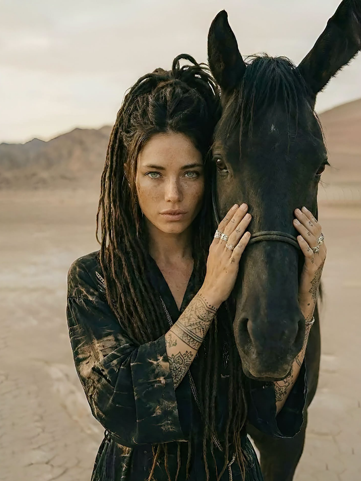 Cinematic Desert Portrait: Woman and Horse