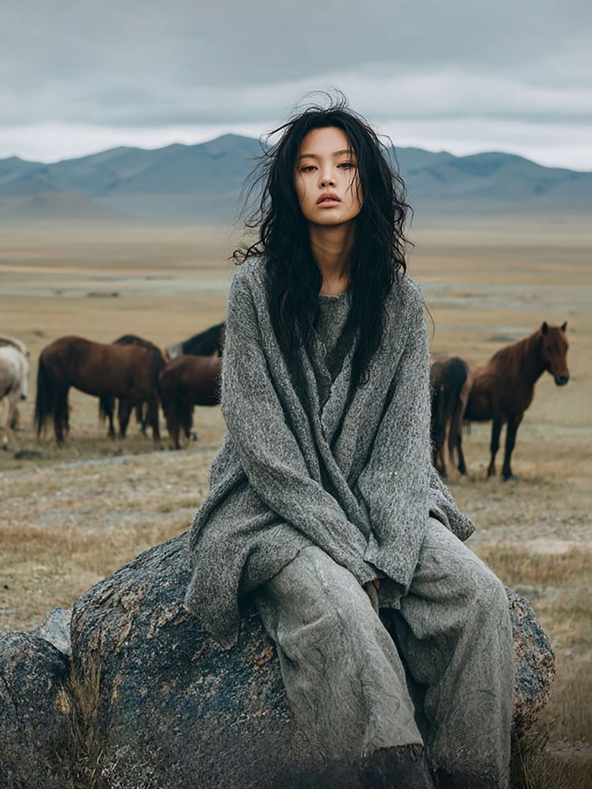 Cinematic Steppe Solitude: Asian Woman, Horses, Wind