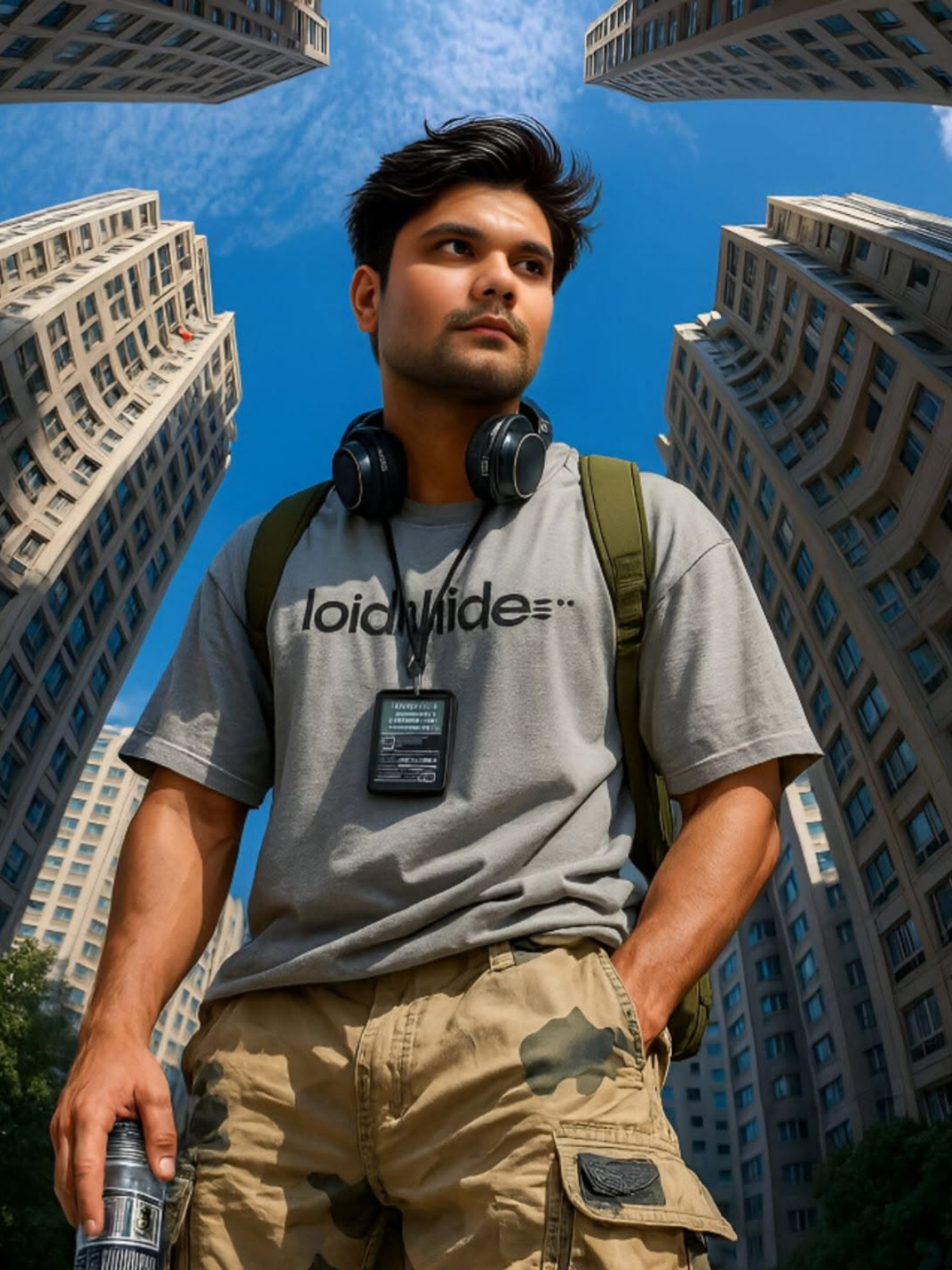 Urban Hero: Low-Angle Cinematic Grandeur