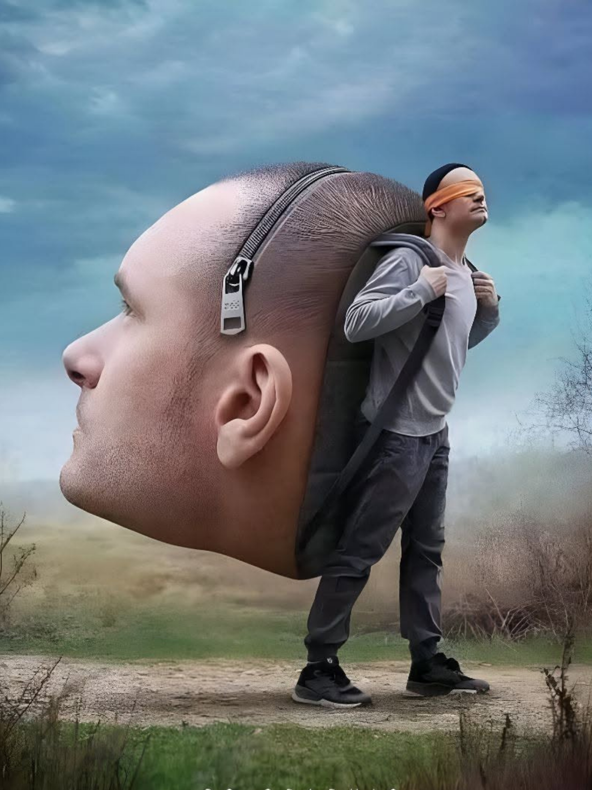Blindfolded Journey: Man with Head Backpack