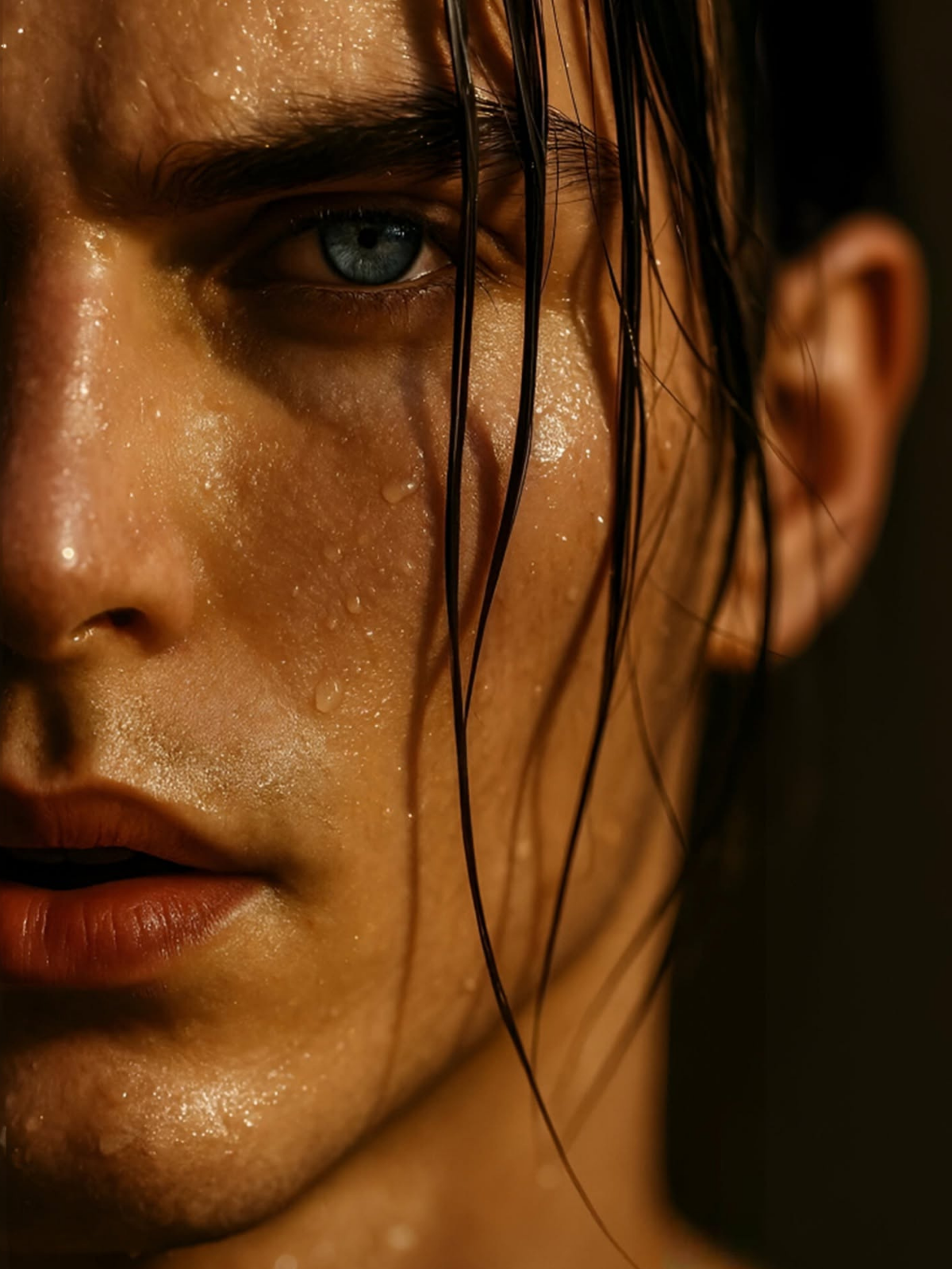 Golden Wet Gaze: Intense Cinematic Close-Up