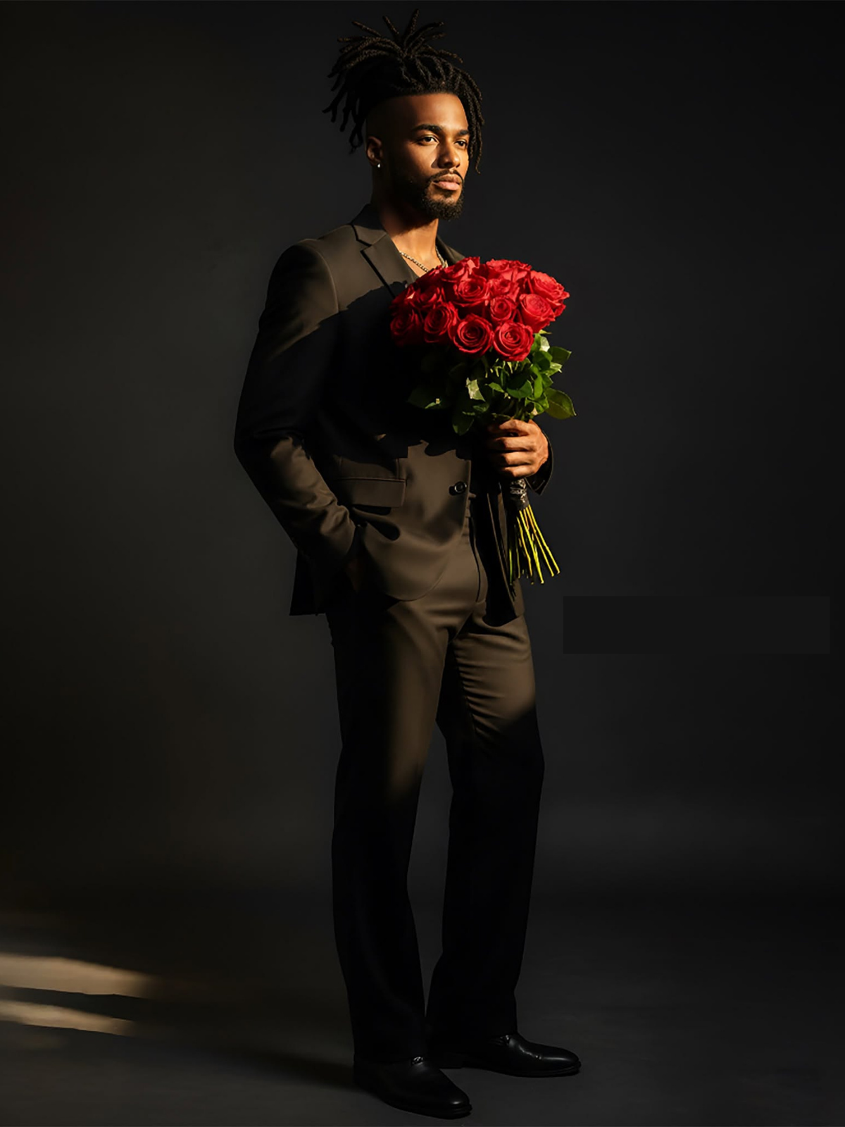 Dramatic Suit, Golden Light, Red Roses