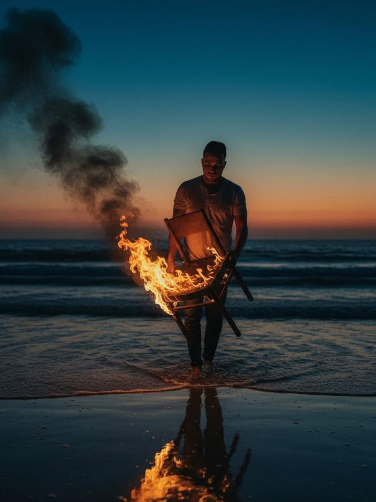 Burning Chair: Ocean's Somber Embrace