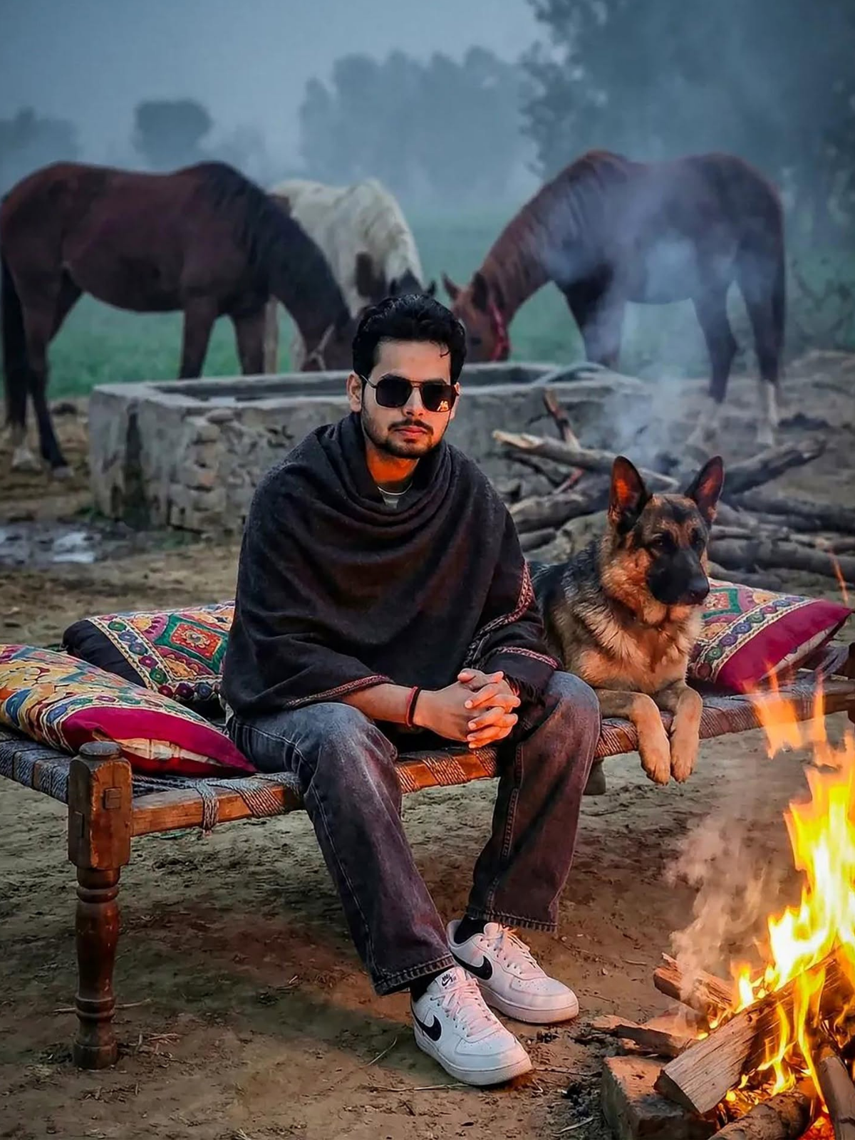 Charpai Serenity: Man, Dog, Bonfire Dawn