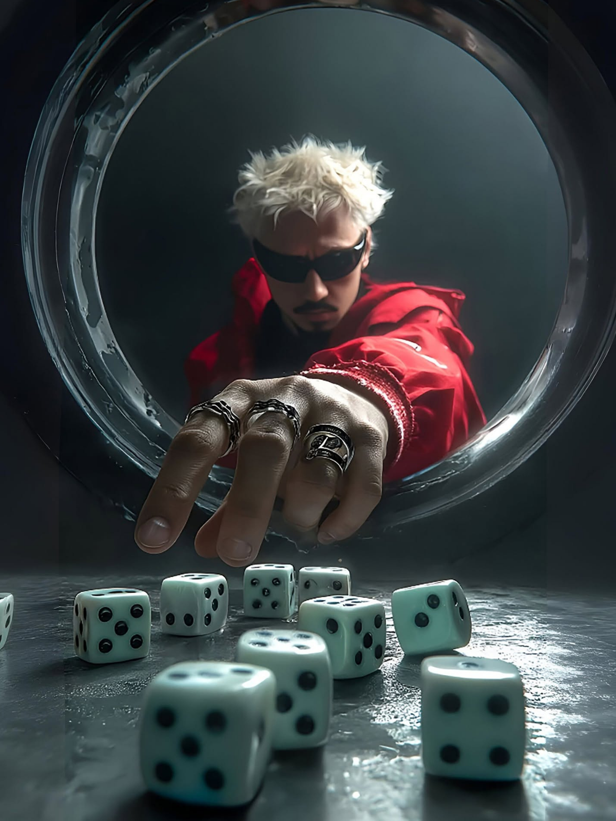 Red Jacket Reaches Through Futuristic Frame