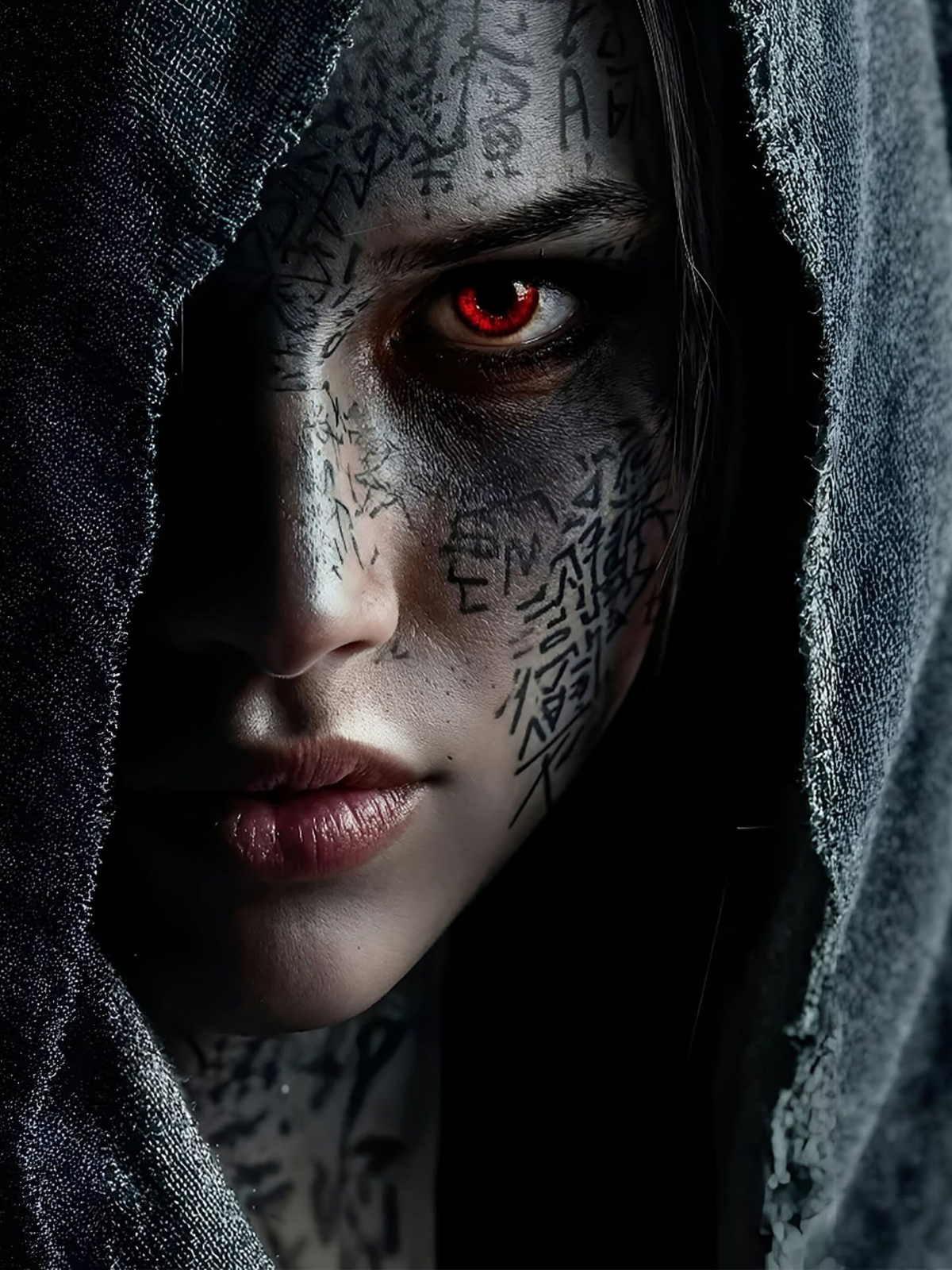 Fiery-Eyed Sorceress with Glowing Runes