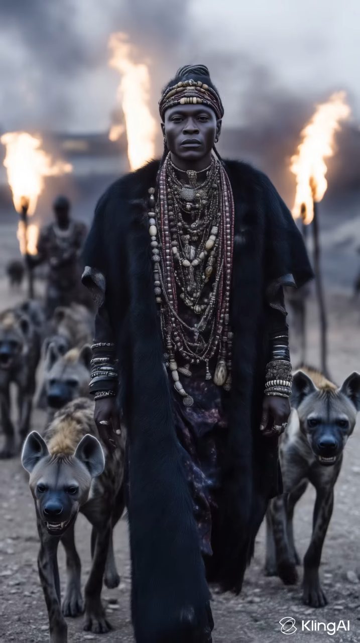 Regal African King, Hyenas, Firelit Advance