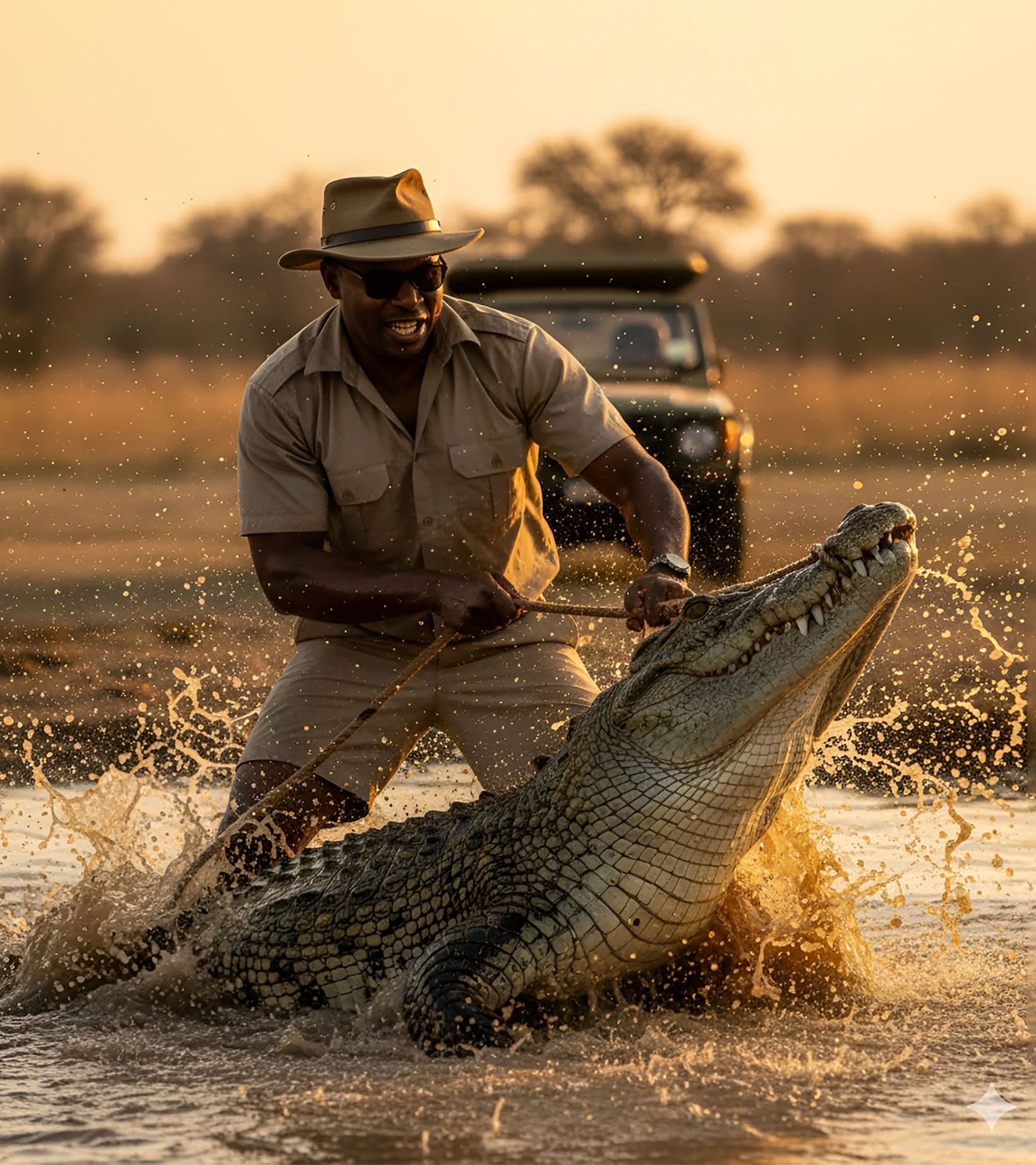Cinematic Golden Hour Ranger Crocodile Battle