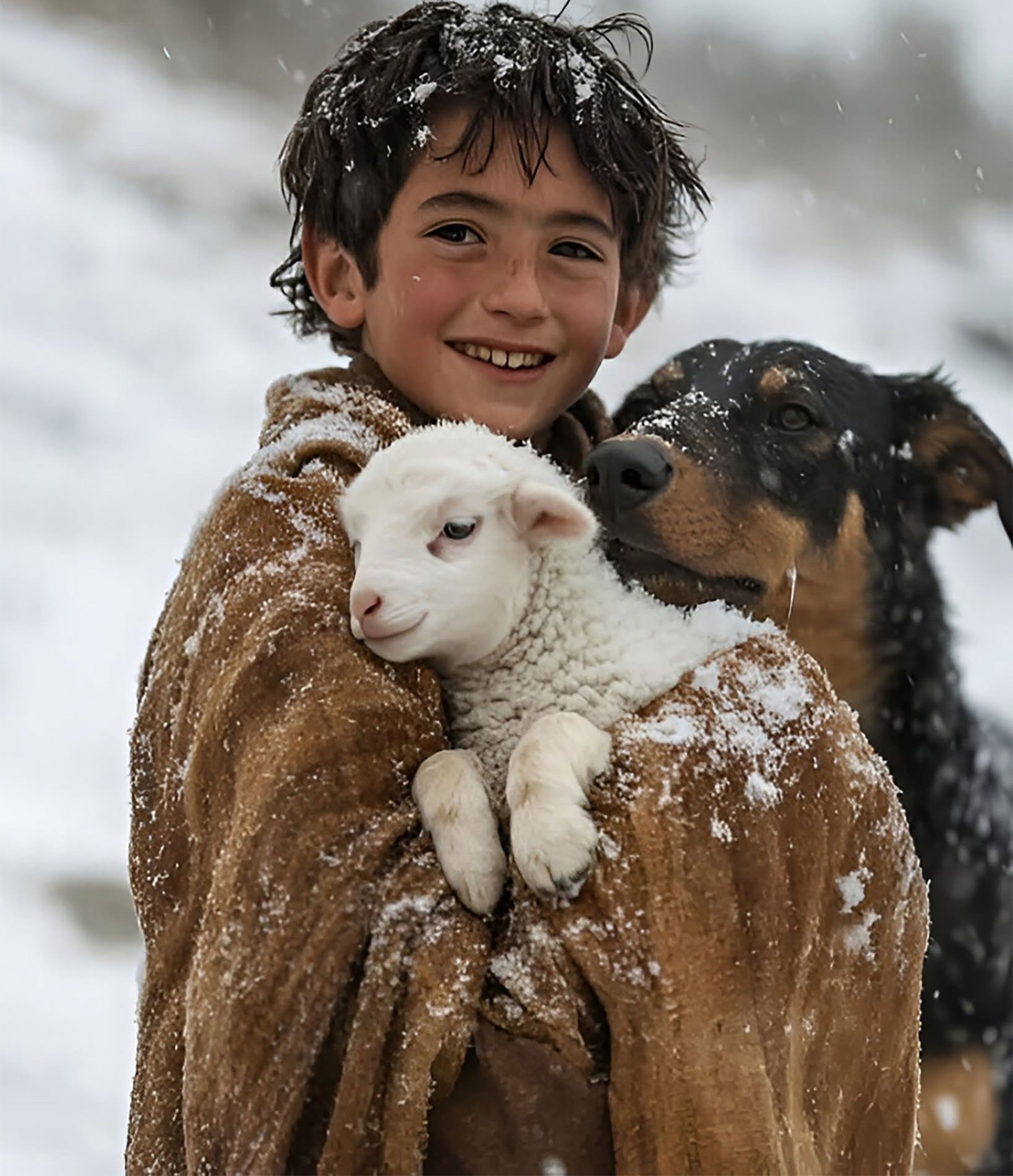 Winter Warmth: Boy, Lamb, Dog