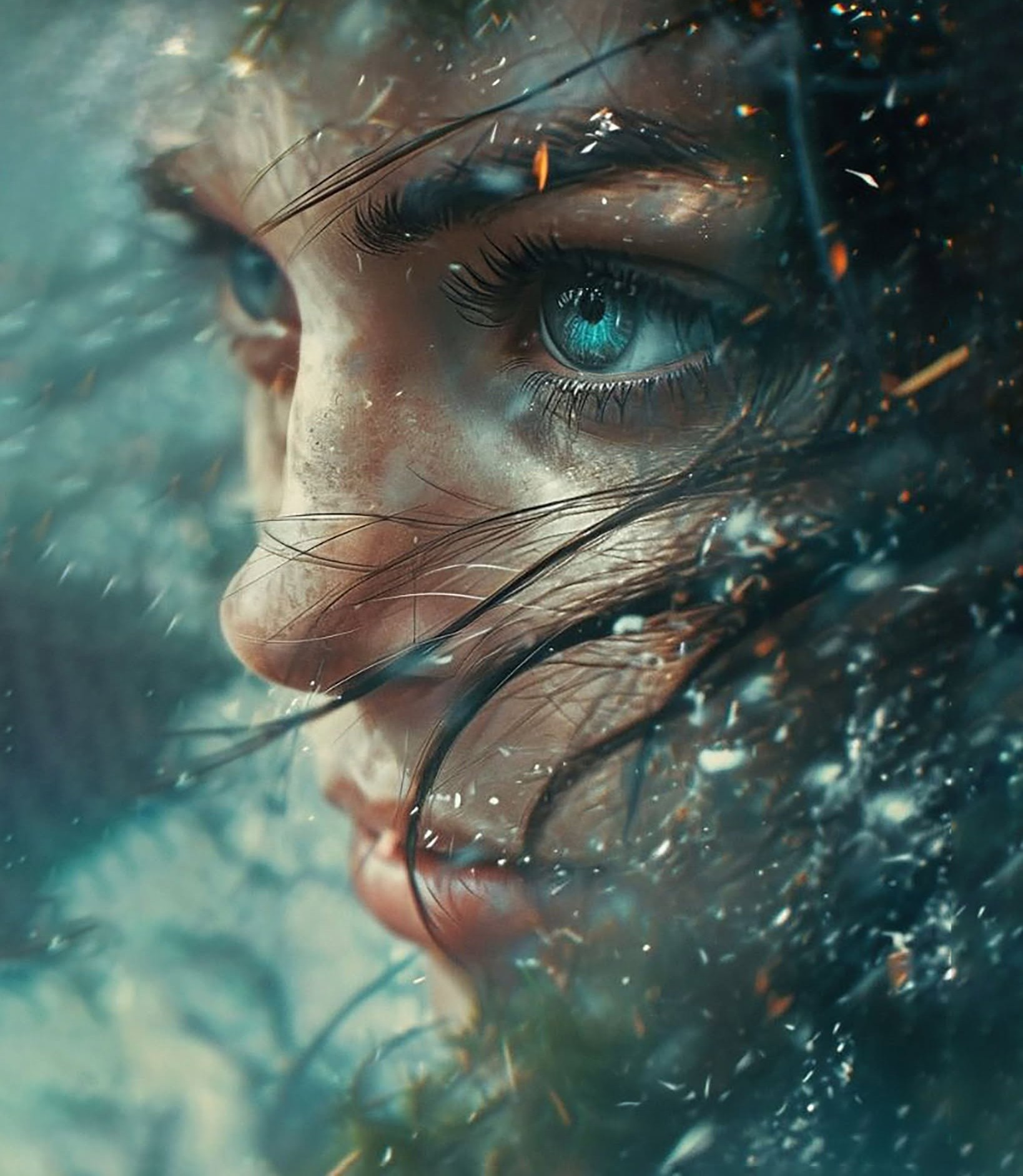 Intense Turquoise Eye: Stormy Cinematic Portrait