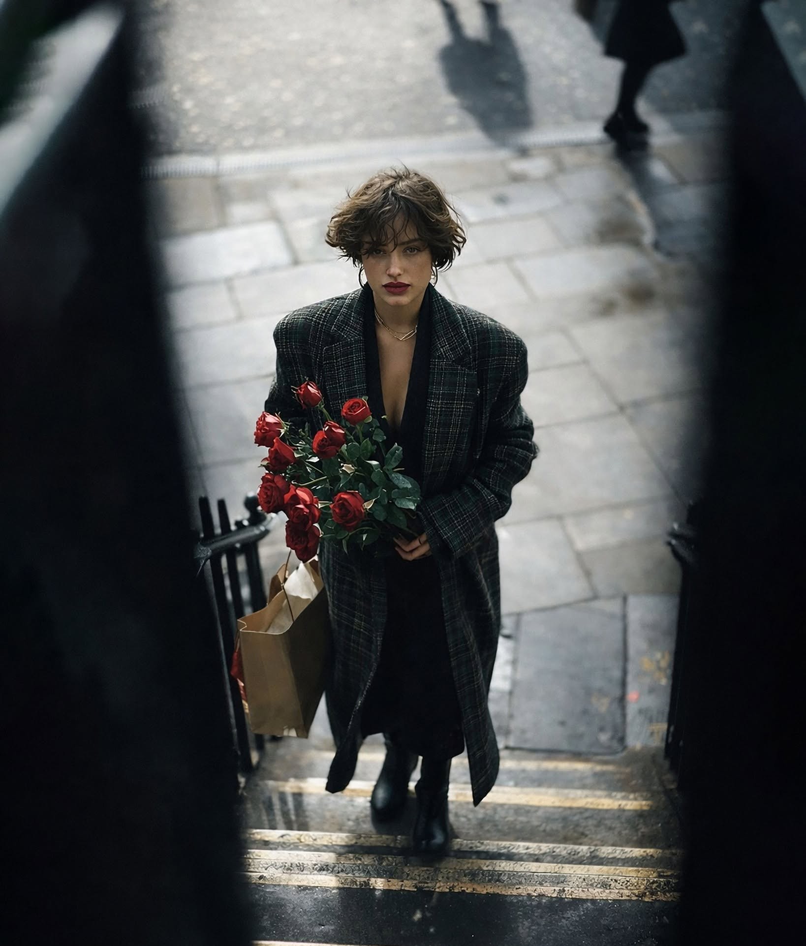 Cinematic Rain: Woman with Red Roses