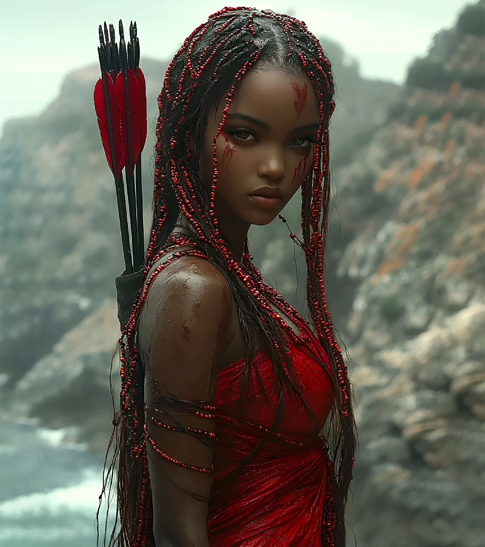 Red Warrior on Crashing Coastal Cliffs