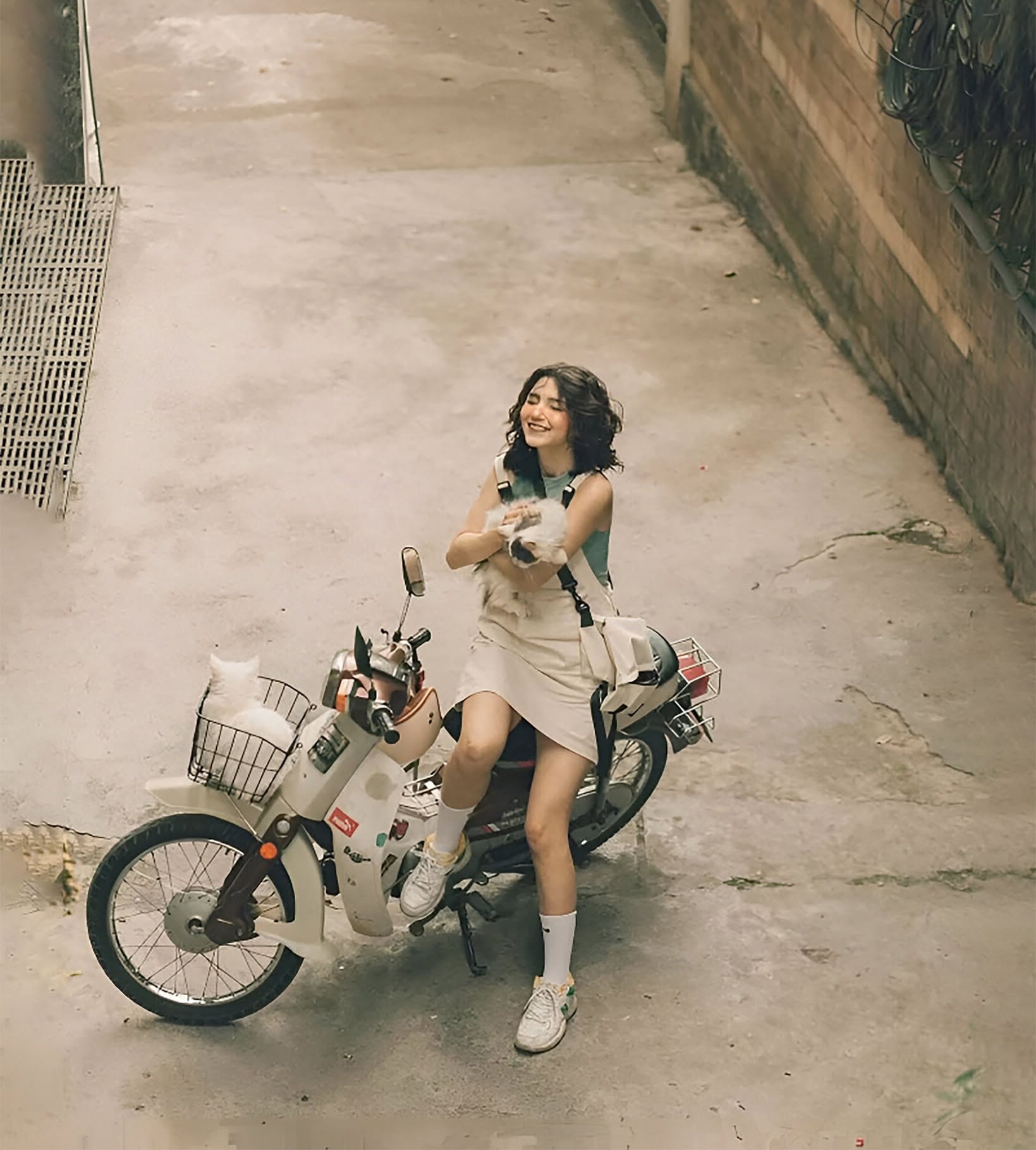 Dreamy Alley: Girl, Scooter, Dog