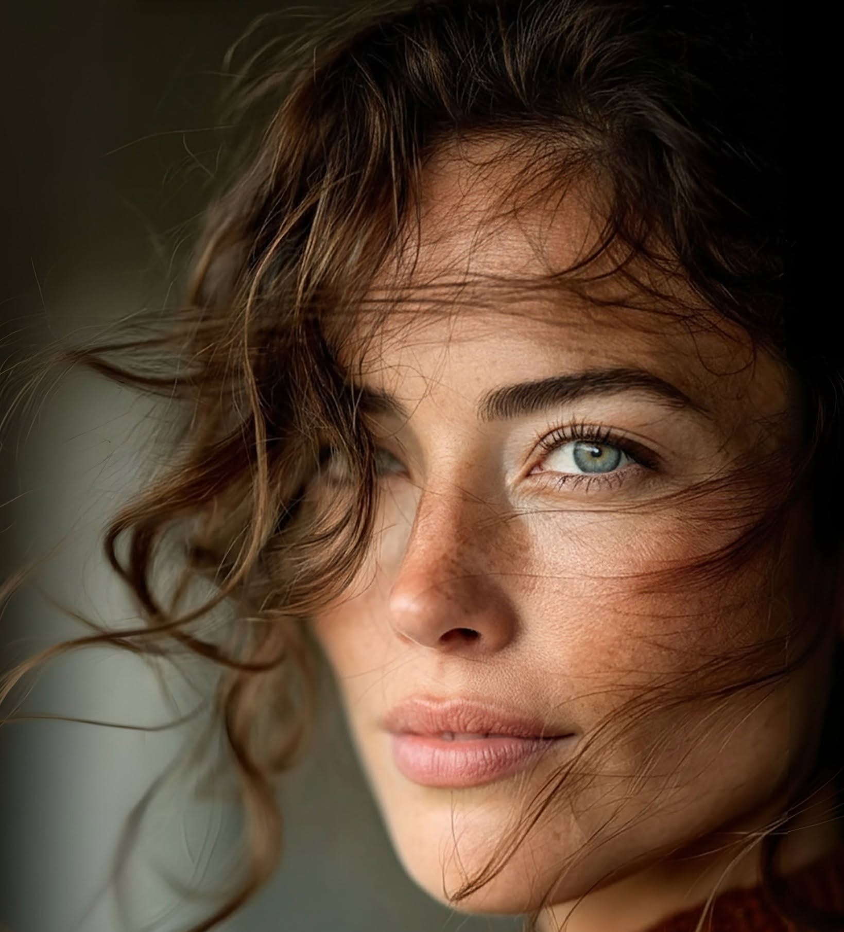 Wind-Kissed Cinematic Portrait: Piercing Gaze