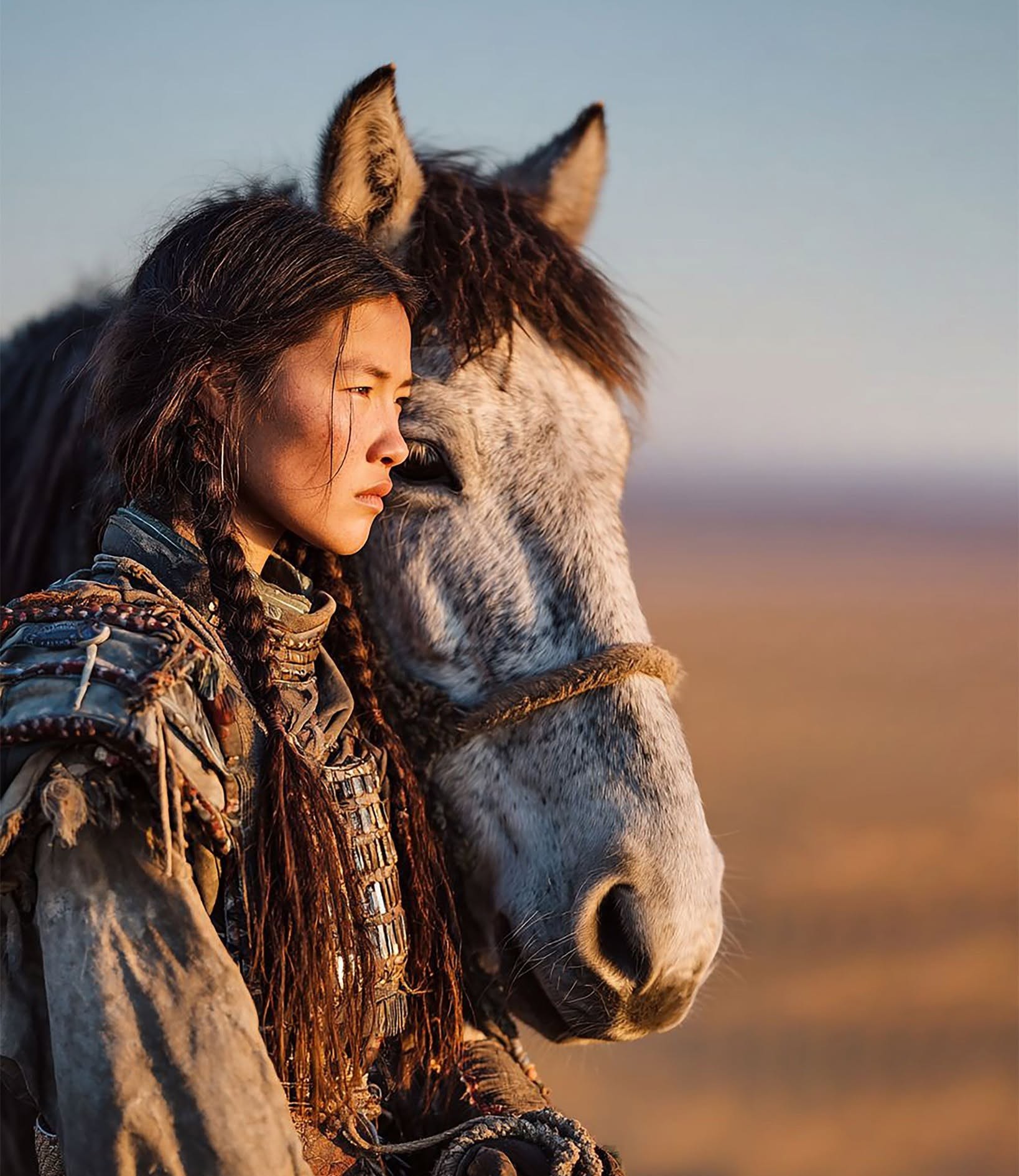 Golden Hour Desert Warrior with Loyal Horse