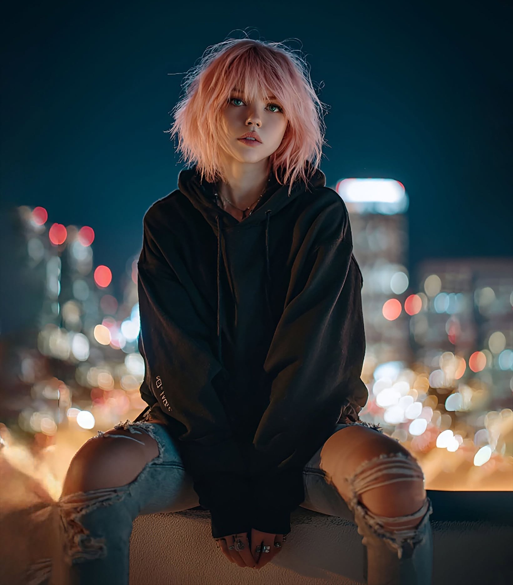 Pink Hair Rooftop: City Night Portrait