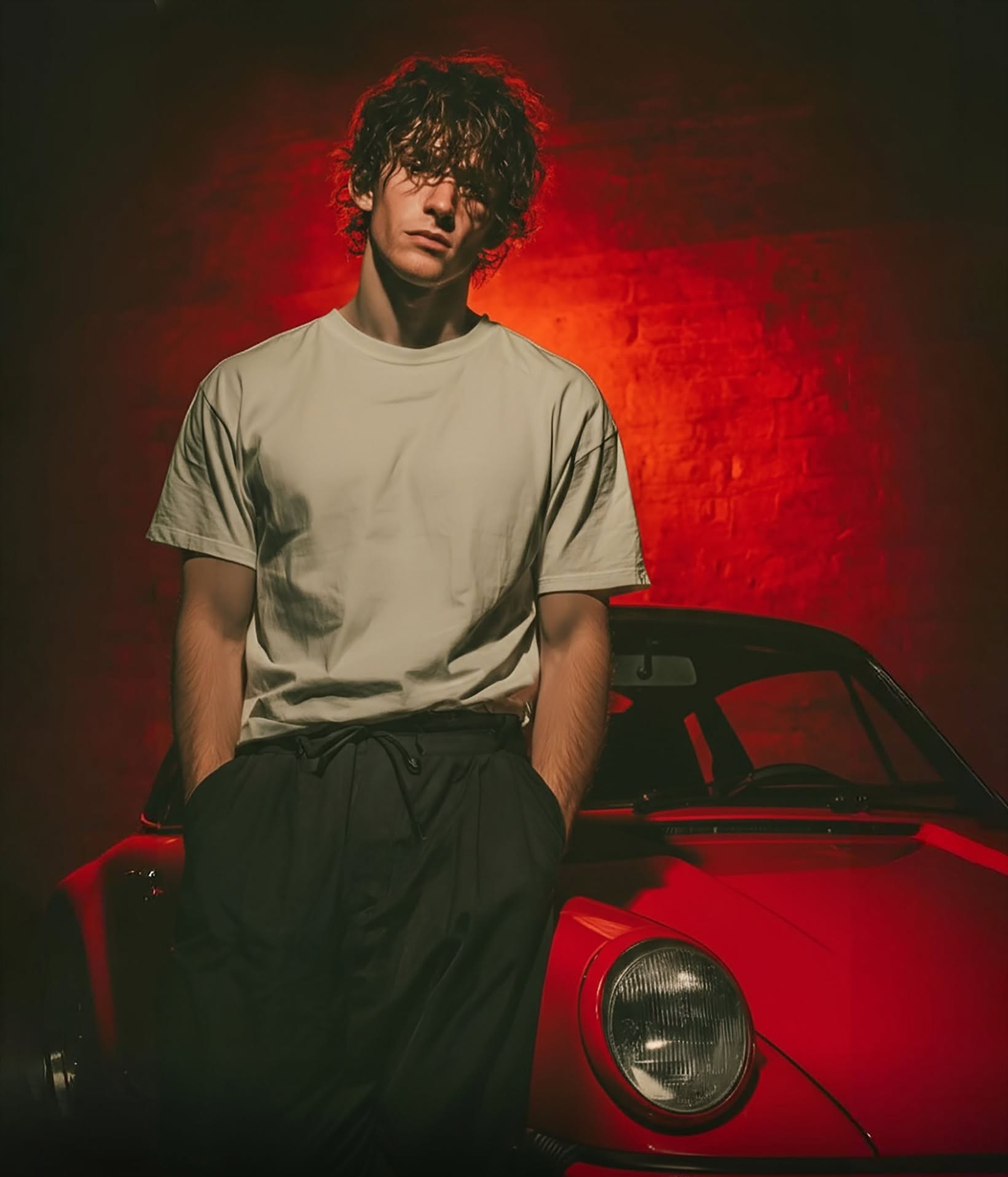 Cinematic Noir: Man, Vintage Car, Red Glow