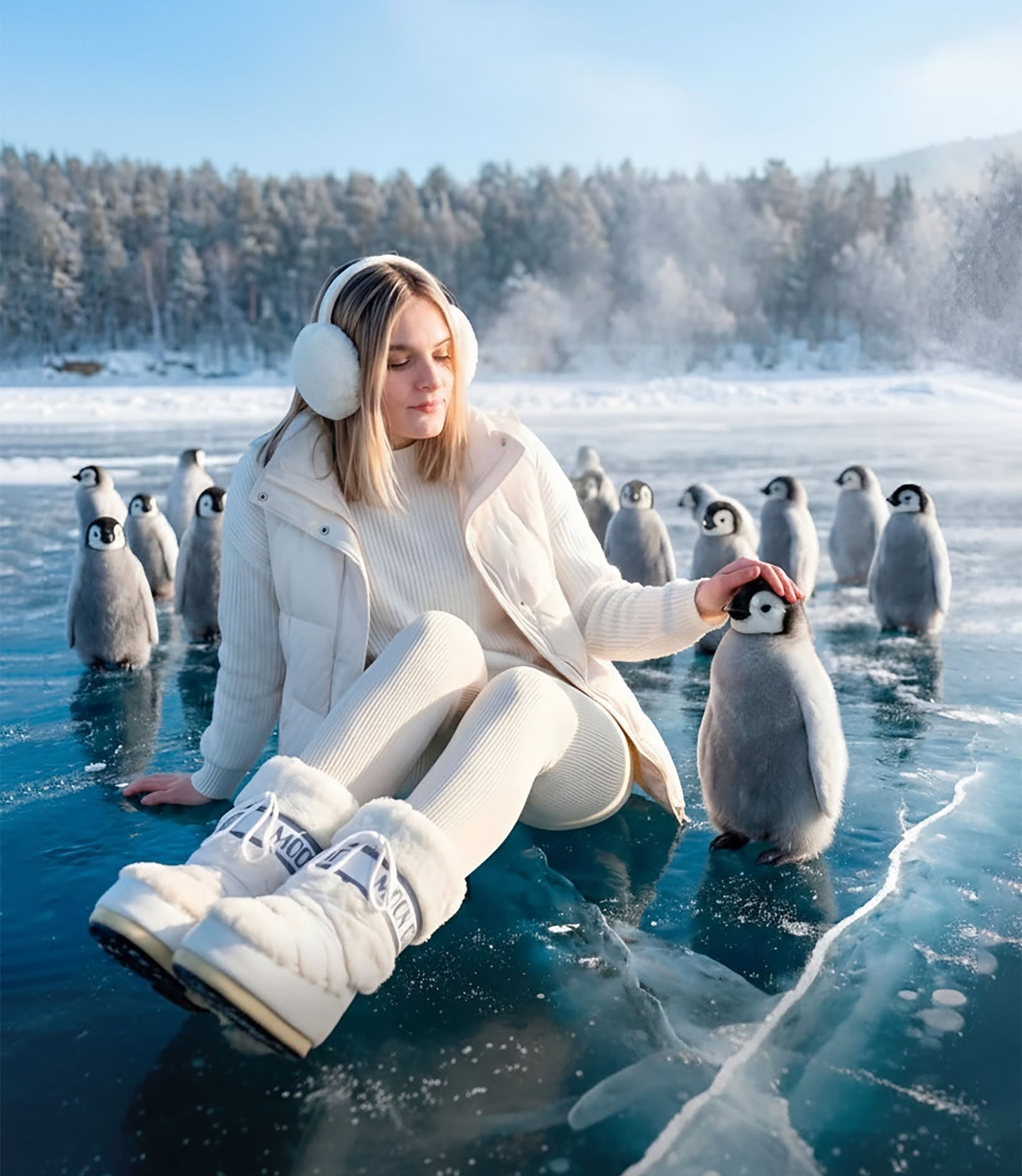 Winter's Serene Embrace: Woman and Penguins